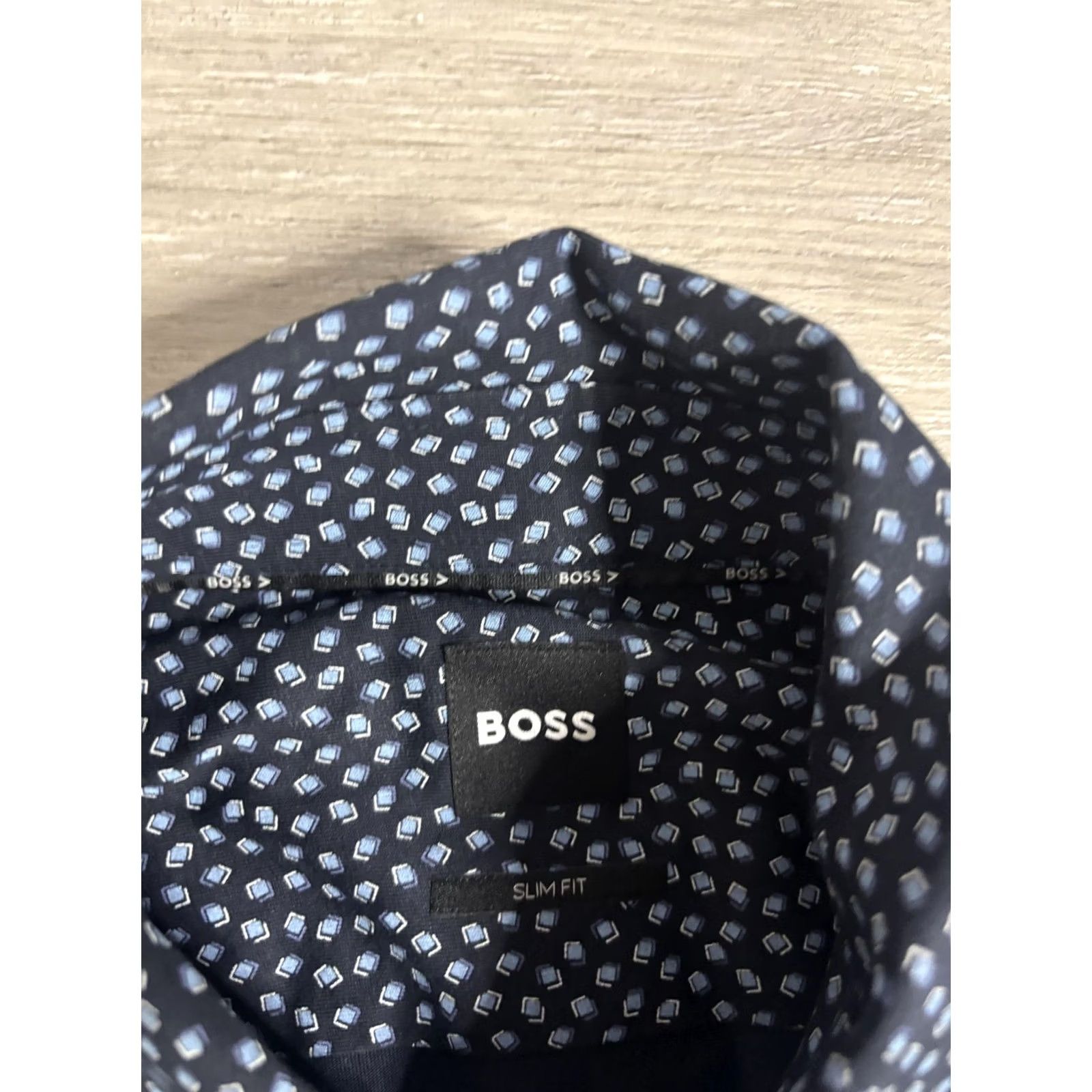 Vintage Boss Shirt Mens Medium Blue Geometric Slim Fit Long Sleeve Button Front Dress Size 40R - 3 Thumbnail