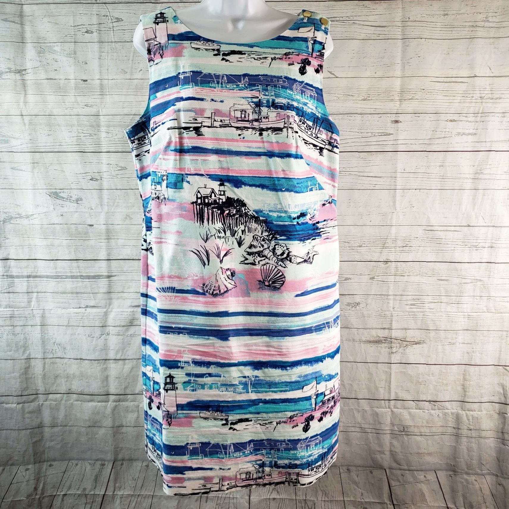 Talbots Talbots Womens Printed Dress Sz 14 Pink Blue Beach Boats Sleeveless Cotton Pencil Dress Knee Length Adult Womens Size XL / US 12-14 / IT 48-50 - 2 Thumbnail