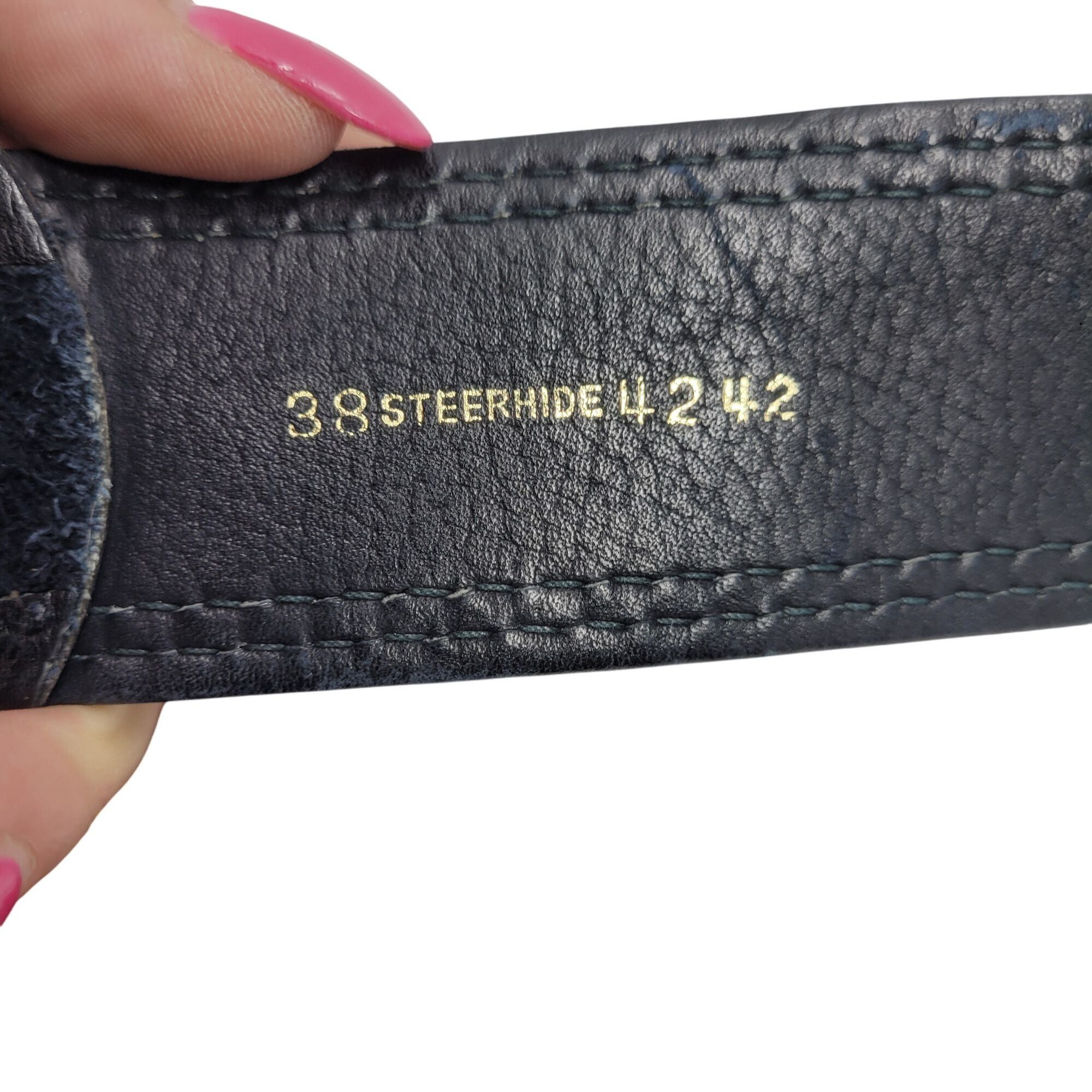 Other Vintage Mens Thick Rugged 38" Steerhide Leather Belt Black H Size 38 - 3 Thumbnail