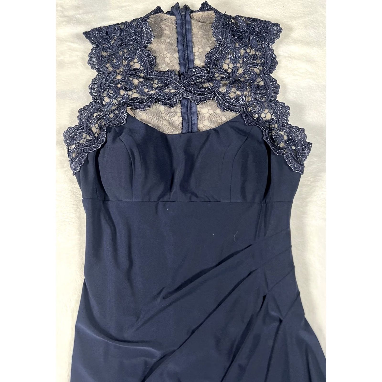 Vintage Cache' Navy Blue Net & Lace Key Hole Midi Dress - Sleeveless Ruched Waist Formal 2 NWT 14575 Size XS / US 0-2 / IT 36-38 - 5 Thumbnail