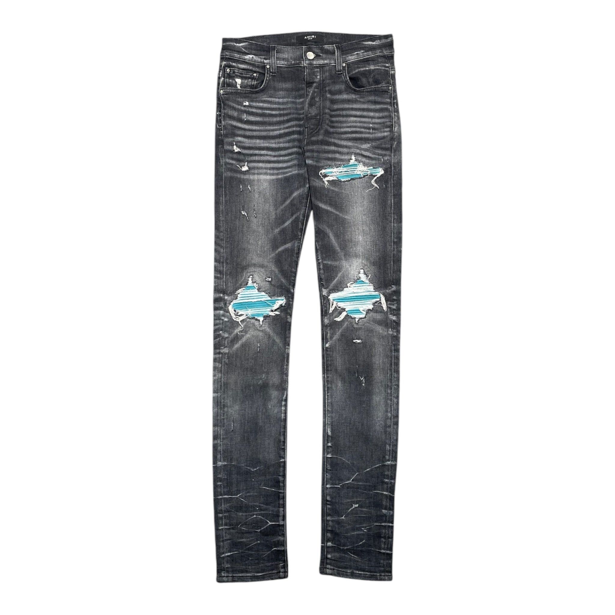 Amiri Amiri MX1 Teal Suede Patch Jeans Storm Grey | Grailed