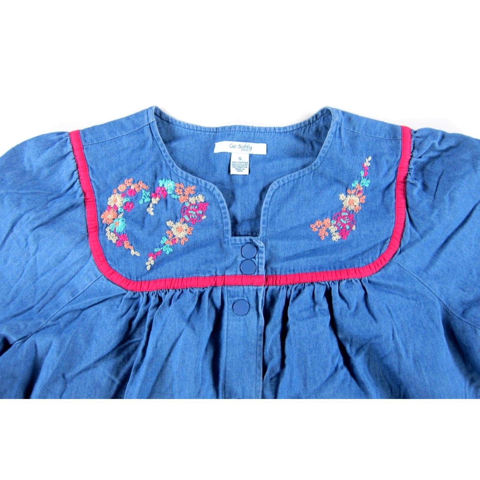 Denime VINTAGE Go Softly Patio Cotton Blue Denim Pink Floral Embroidered Pocket Dress S Size S / US 4 / IT 40 - 4 Thumbnail