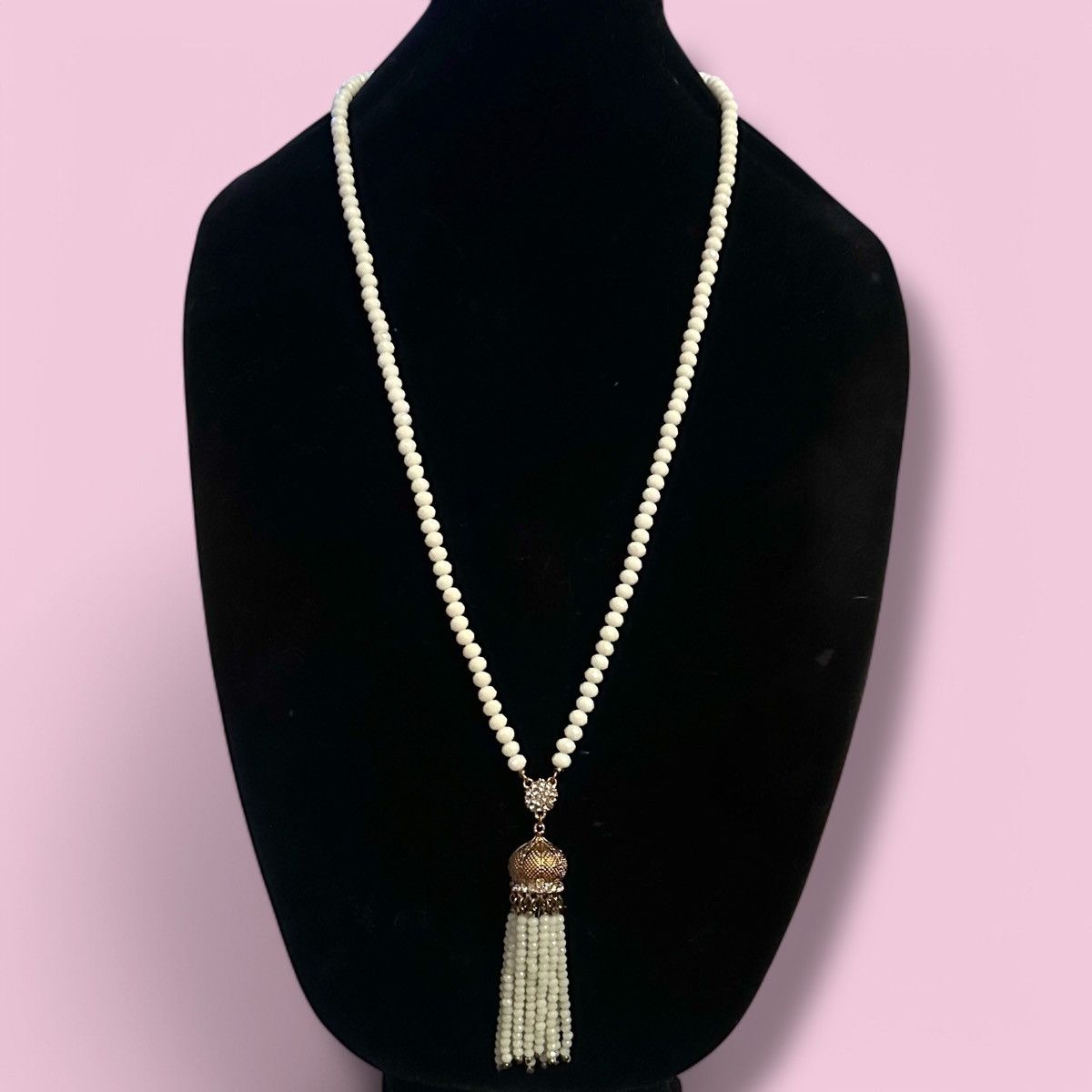 Other Frosted white glass bead rhinestone tassel necklace Size ONE SIZE - 1 Thumbnail