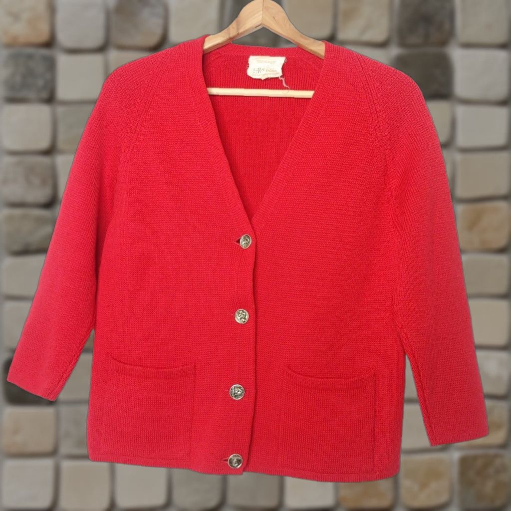 Vintage VINTAGE LeRoy Knitwear Cardigan Sweater S Red Virgin Wool Cardigan V Neck Button Women Winter Fall Spring Grannycore Size S / US 4 / IT 40 - 1 Thumbnail