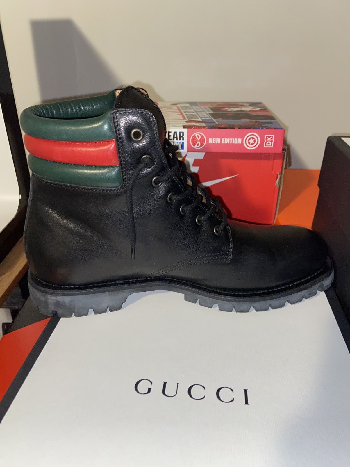 Gucci Gucci Black Leather Hiking Boots (Web Stripe Collar) Size US 11 / EU 44 - 8 Thumbnail
