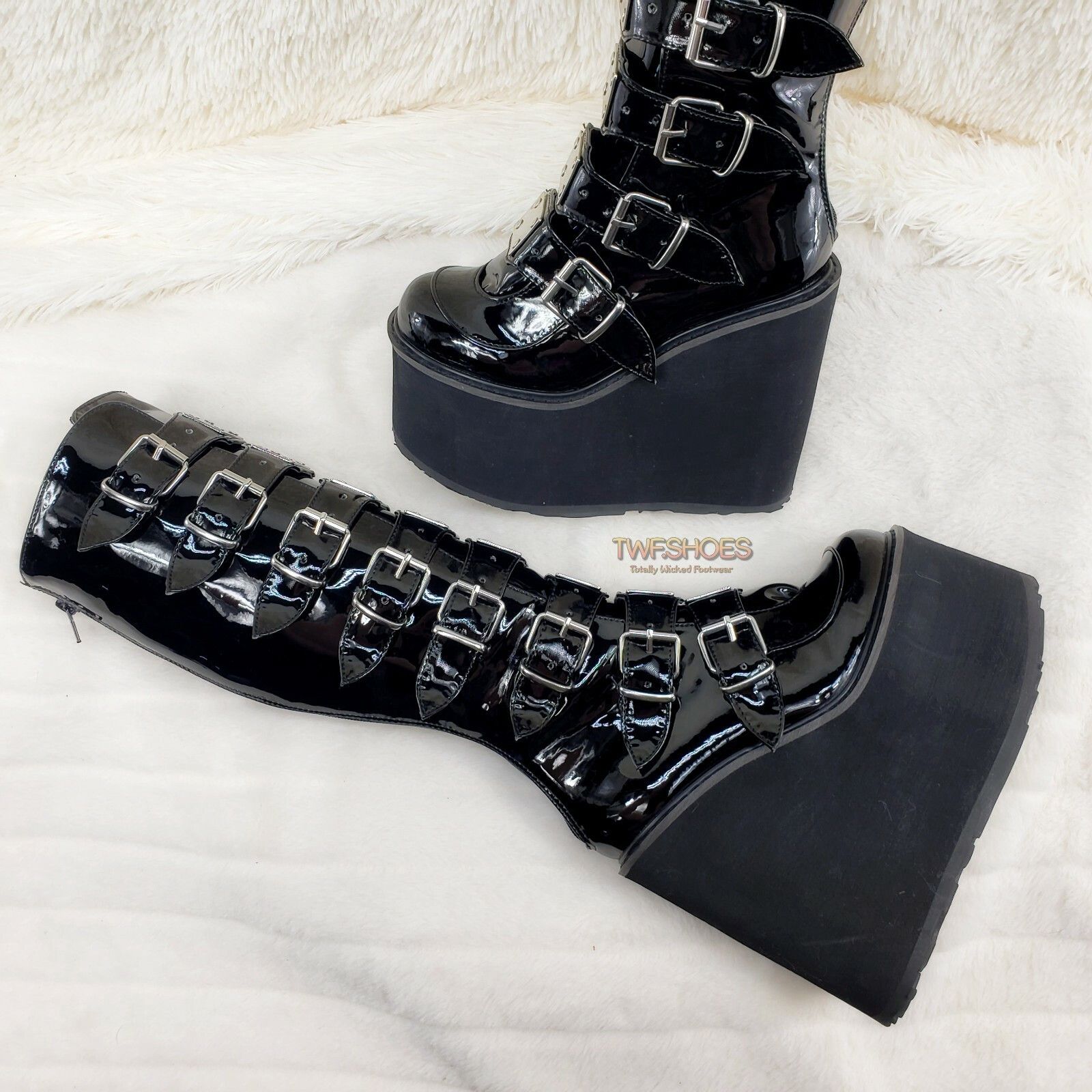 Demonia Cult DEMONIA Swing 815 Black Patent Goth Punk Rave Knee Boot 5.5" Size US 8 / IT 38 - 5 Thumbnail