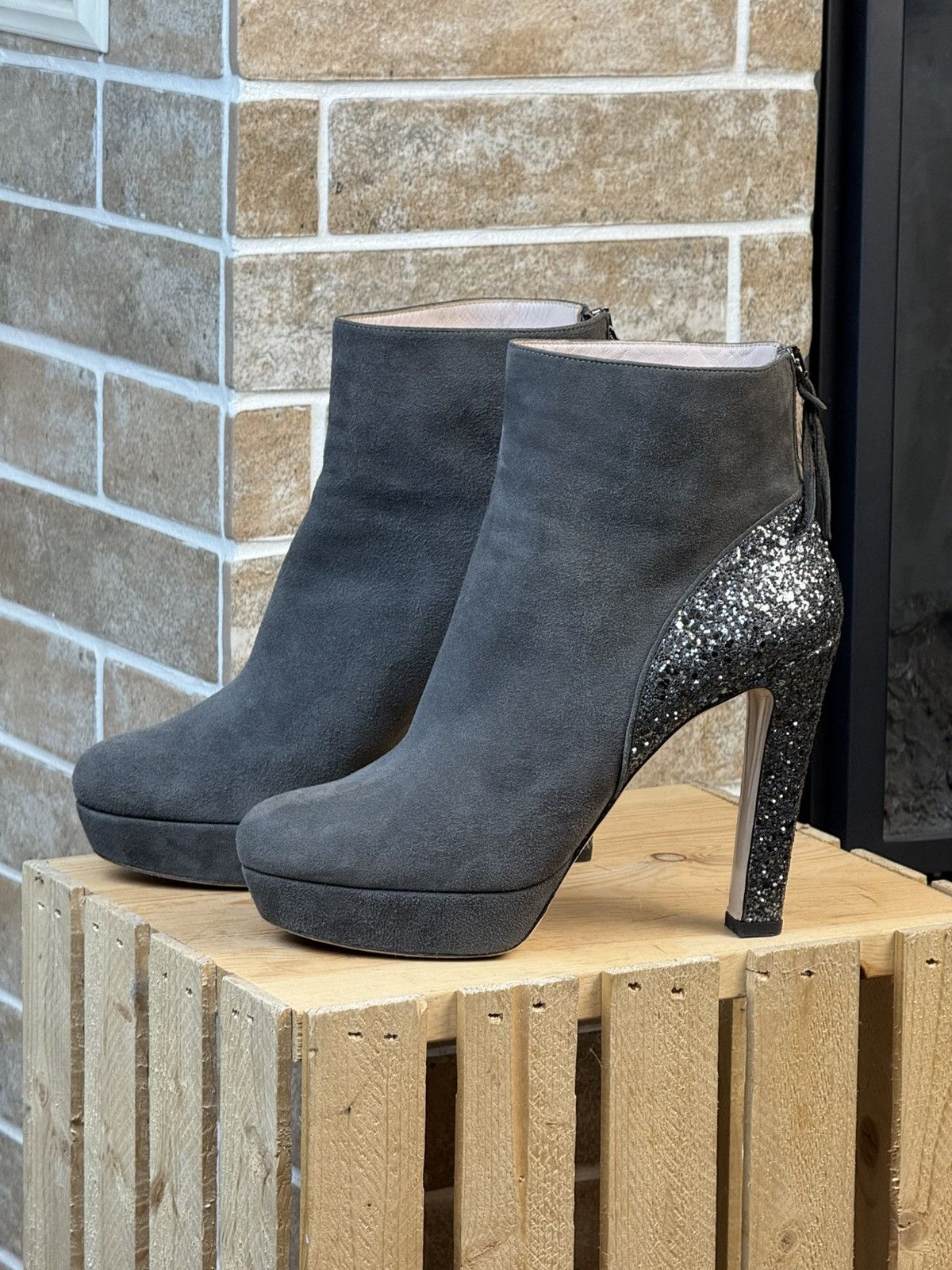 Miu Miu Miu Miu Gray Suede Glitter Heels Boots Size US 8.5 / IT 38.5 - 2 Thumbnail