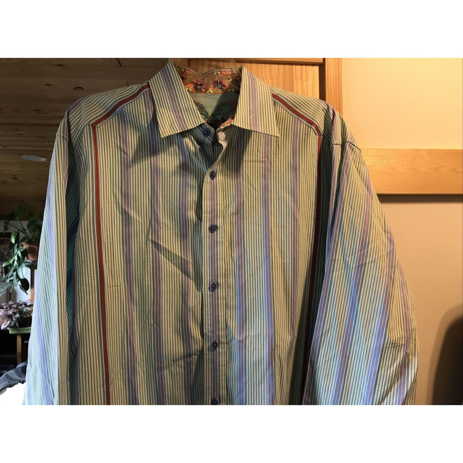 Robert Graham Robert Graham Mens XL Green Striped Long Sleeve Cotton Shirt Size US XL / EU 56 / 4 - 8 Thumbnail