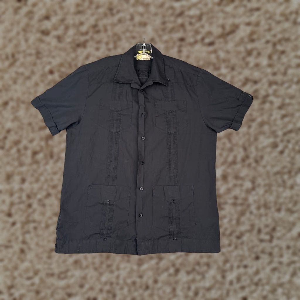 Cubavera Cubavera Guayabera Shirt Men M Black Button Up 4 Pocket Polyester Blend Size US M / EU 48-50 / 2 - 1 Thumbnail
