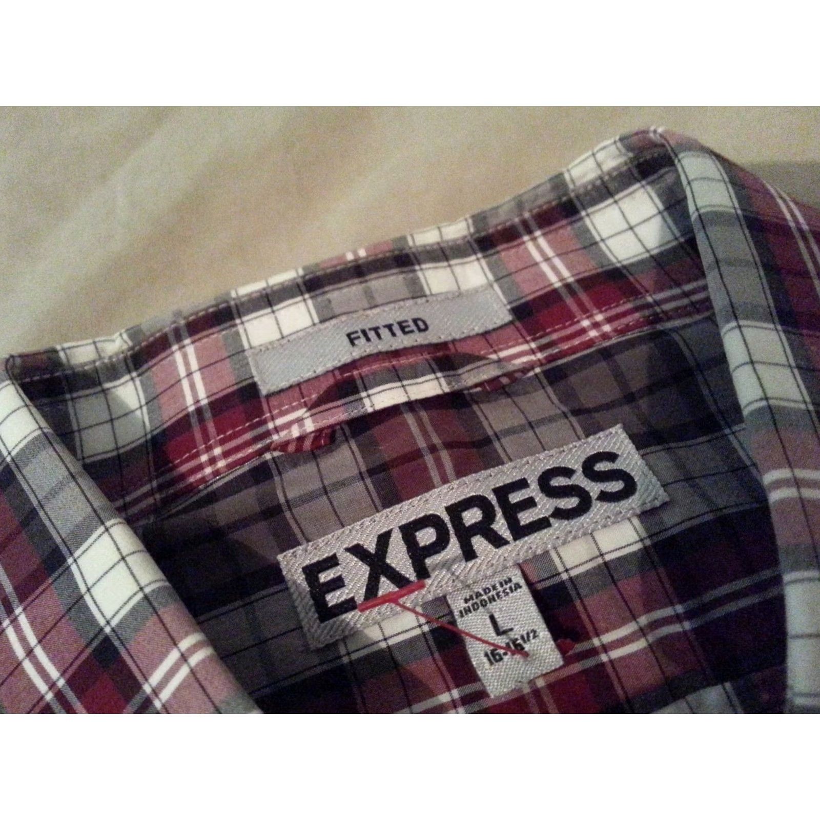 Express Mens Express Plaid Dress Shirt Large 16 1/2 Cotton Long Sleeve Button-Down Red Barrel Cuff Mens Clothing Size 42R - 5 Thumbnail