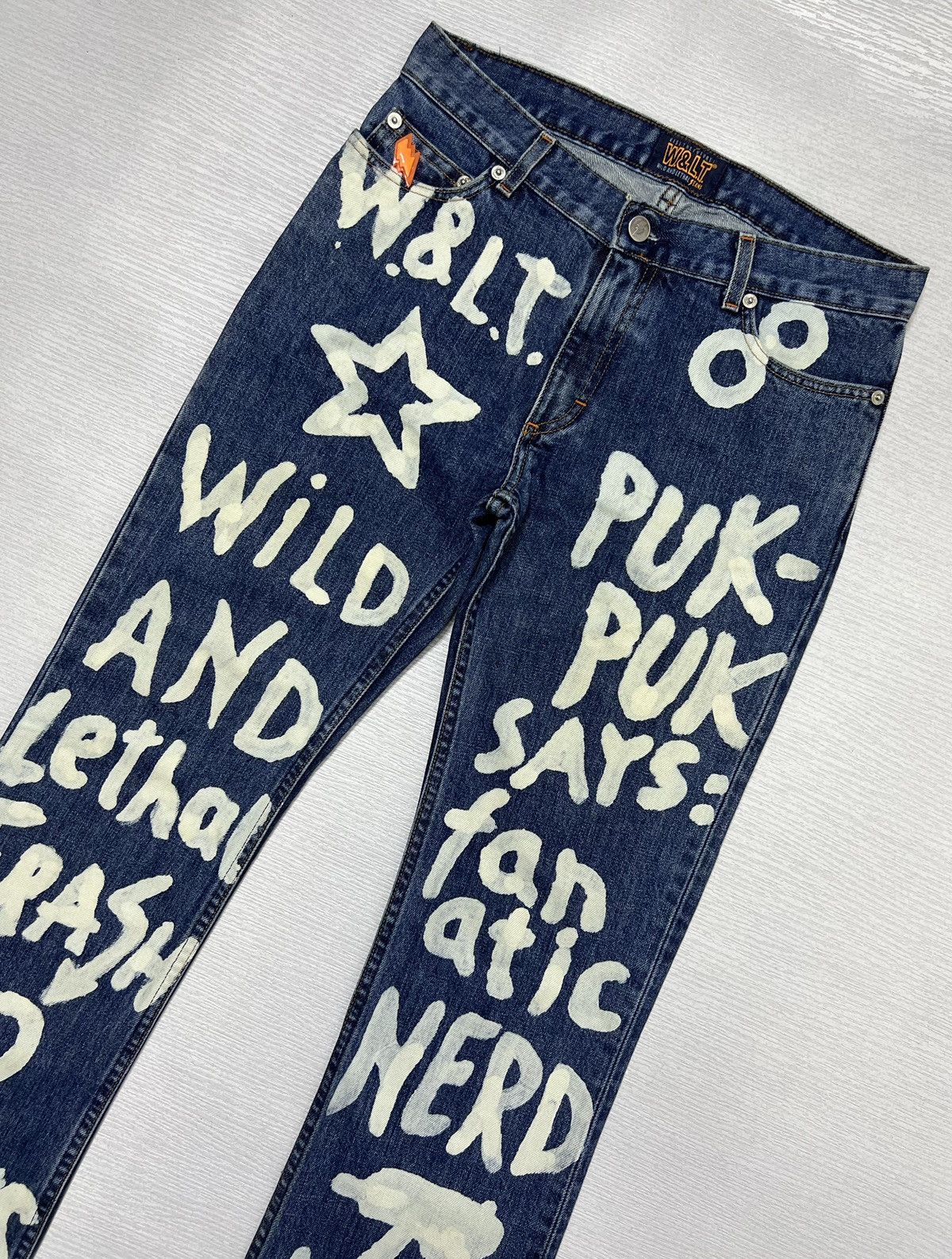 Walter Van Beirendonck W&LT - A/W 1999 - Bleach Graffiti Flared Denim Jeans Size US 28 / EU 44 - 3 Thumbnail