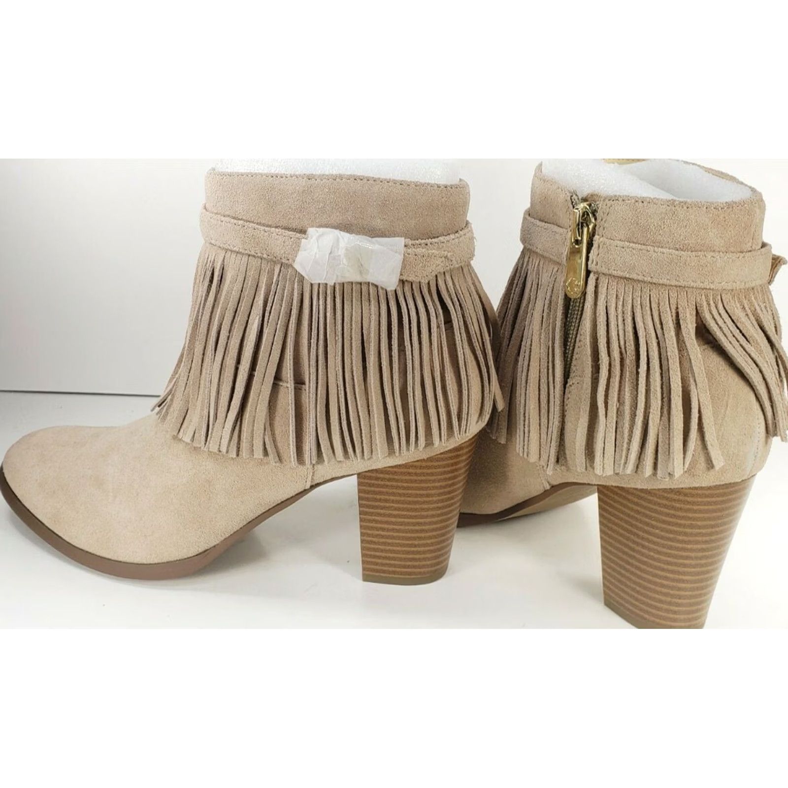 Vintage C. Wonder Willa Booties Fringe Zip Up Beige Leather Block Heel Khaki 9.5M Womens Bootie Size ONE SIZE - 5 Thumbnail