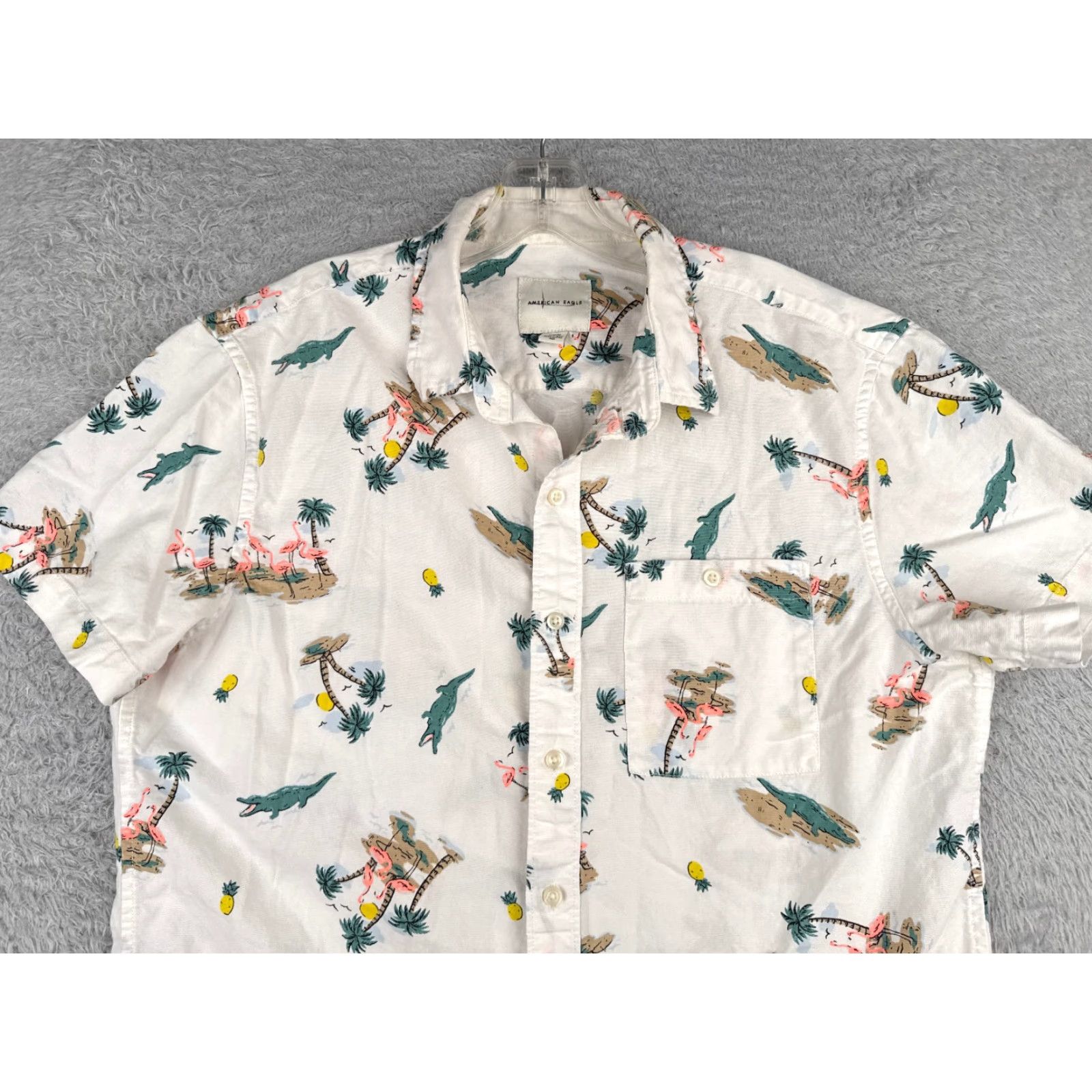 American Eagle Outfitters VINTAGE American Eagle Shirt Adult Medium White Hawaiian Pineapple Flamingo Croc 100% Cotton Mens Size US M / EU 48-50 / 2 - 4 Thumbnail
