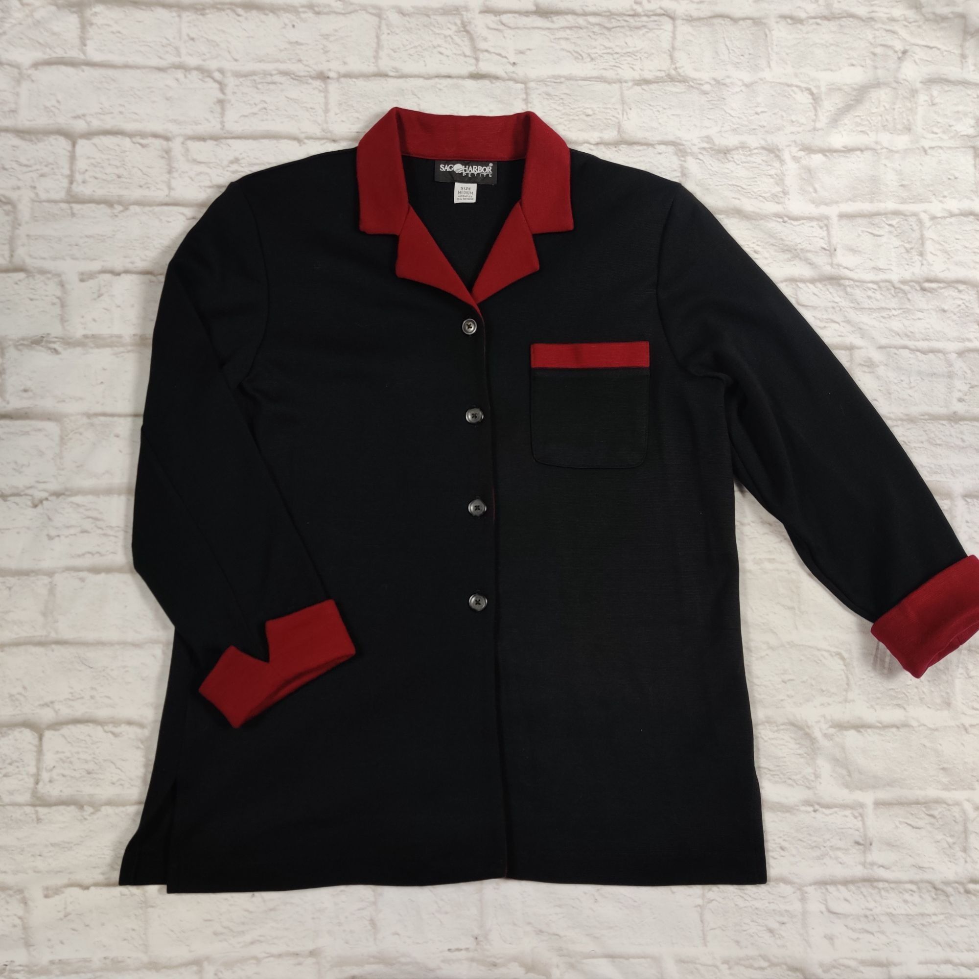 Vintage Sag Harbor Petite M Black Red Contrast Trim Button Front Bla Size M / US 6-8 / IT 42-44 - 3 Thumbnail