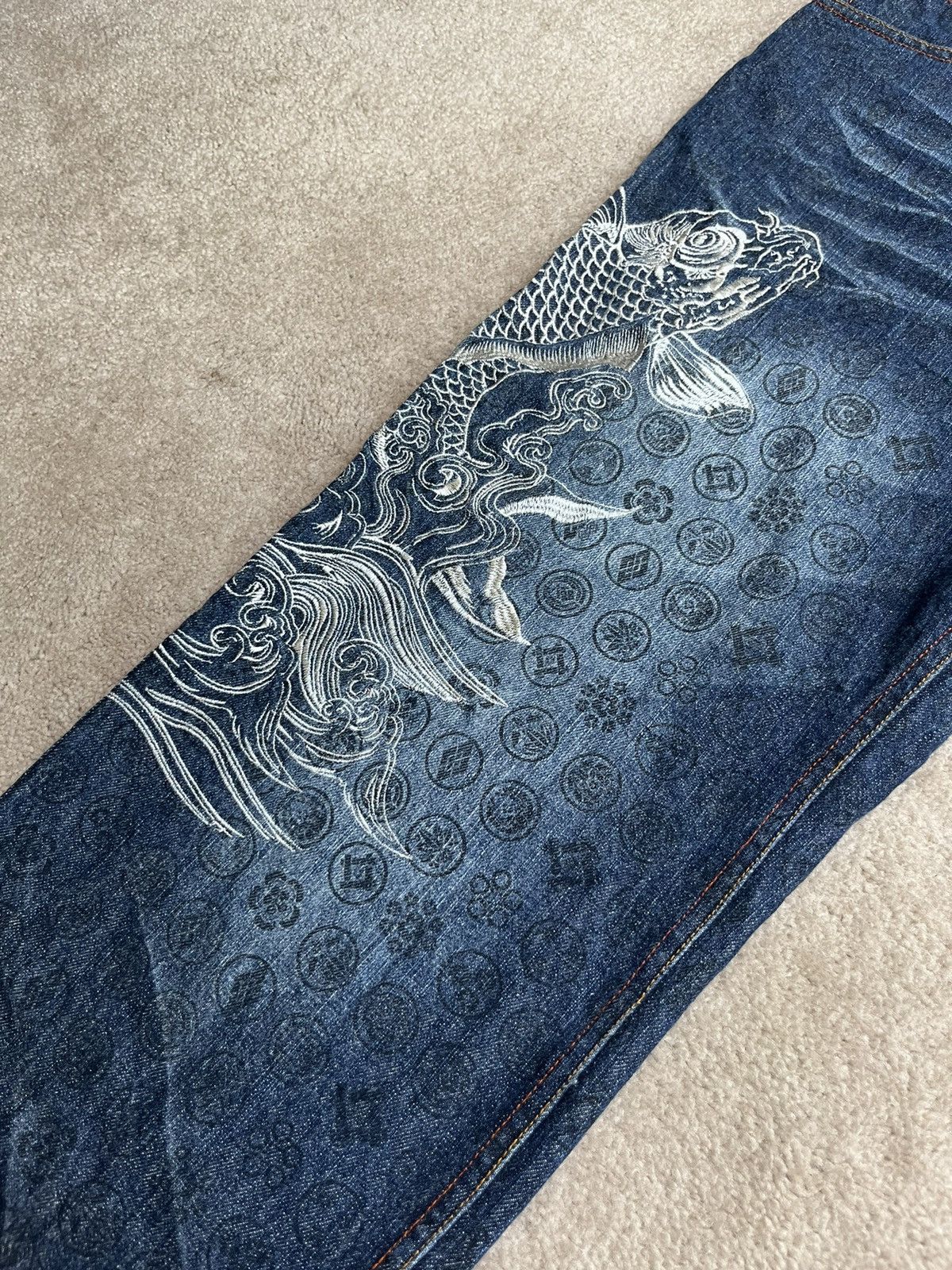 Japanese Brand Kara Kuri Embroided Fish & Dragon Jeans Size US 32 / EU 48 - 3 Thumbnail