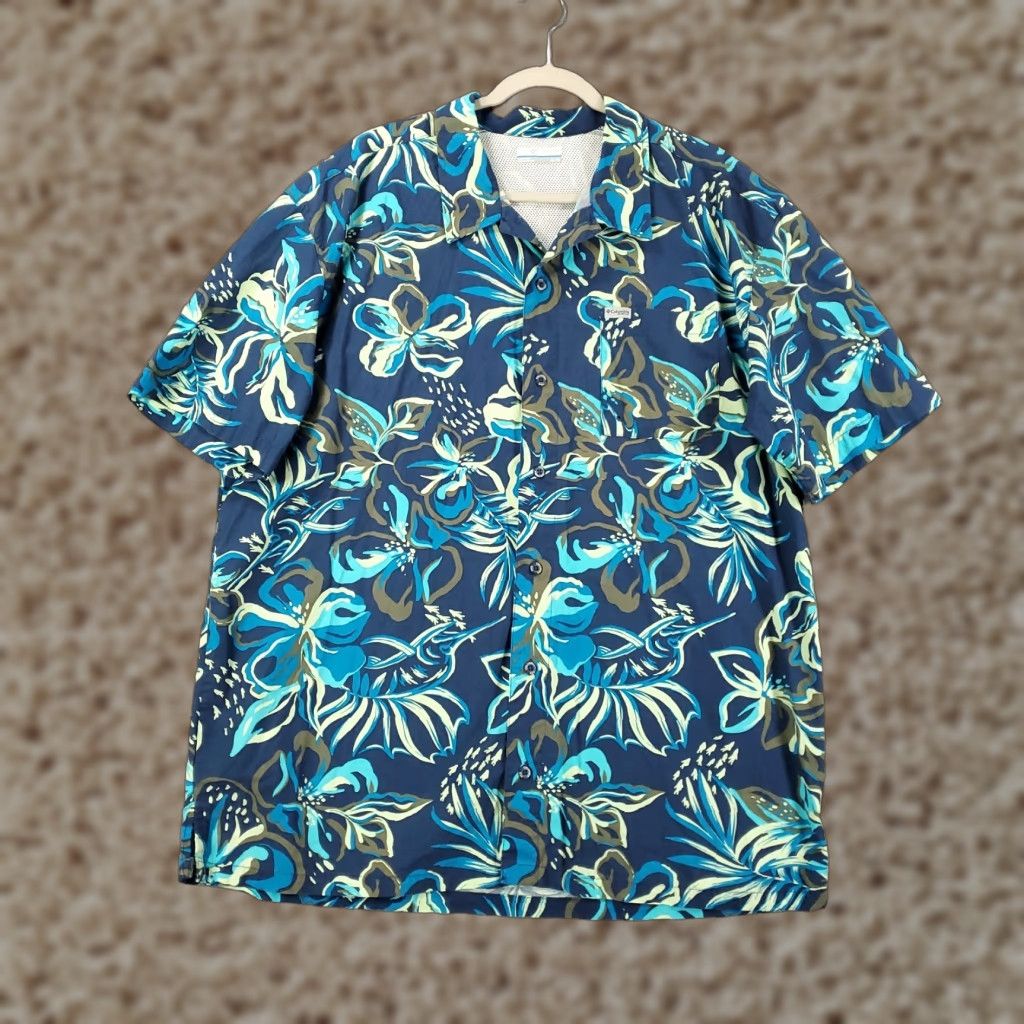 Vintage Columbia Button-Up Shirt Mens XL Blue Green Abstract Floral Swordfish PFG Casual Travel Short Sleeve Collared Size US XL / EU 56 / 4 - 1 Thumbnail