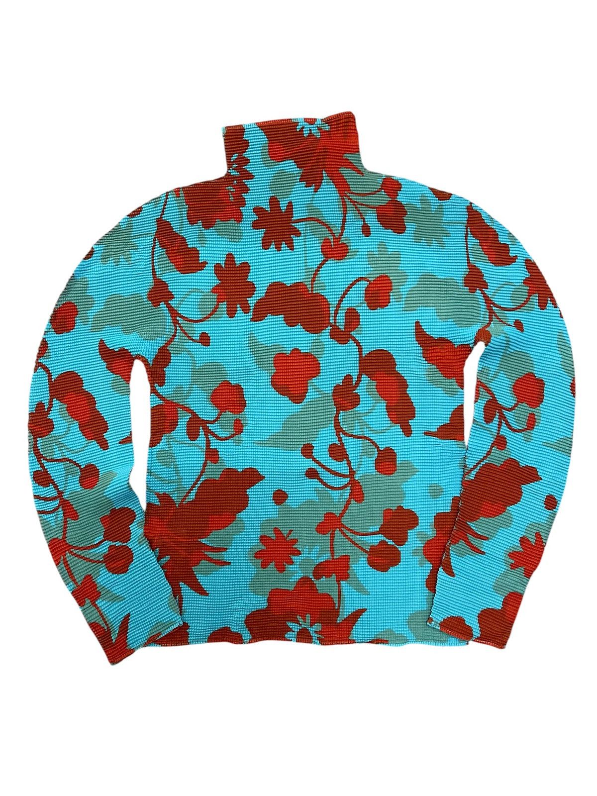 Pleats Please Issey Miyake Issey Miyake Floral Hi Neck Pleated Top In Turquoise Color Size S / US 4 / IT 40 - 1 Thumbnail