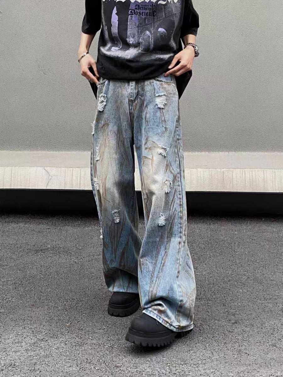 Designer × Jean × Vintage High Street Dirty Dye Washed Ripped Baggy Jeans Size US 34 / EU 50 - 4 Thumbnail