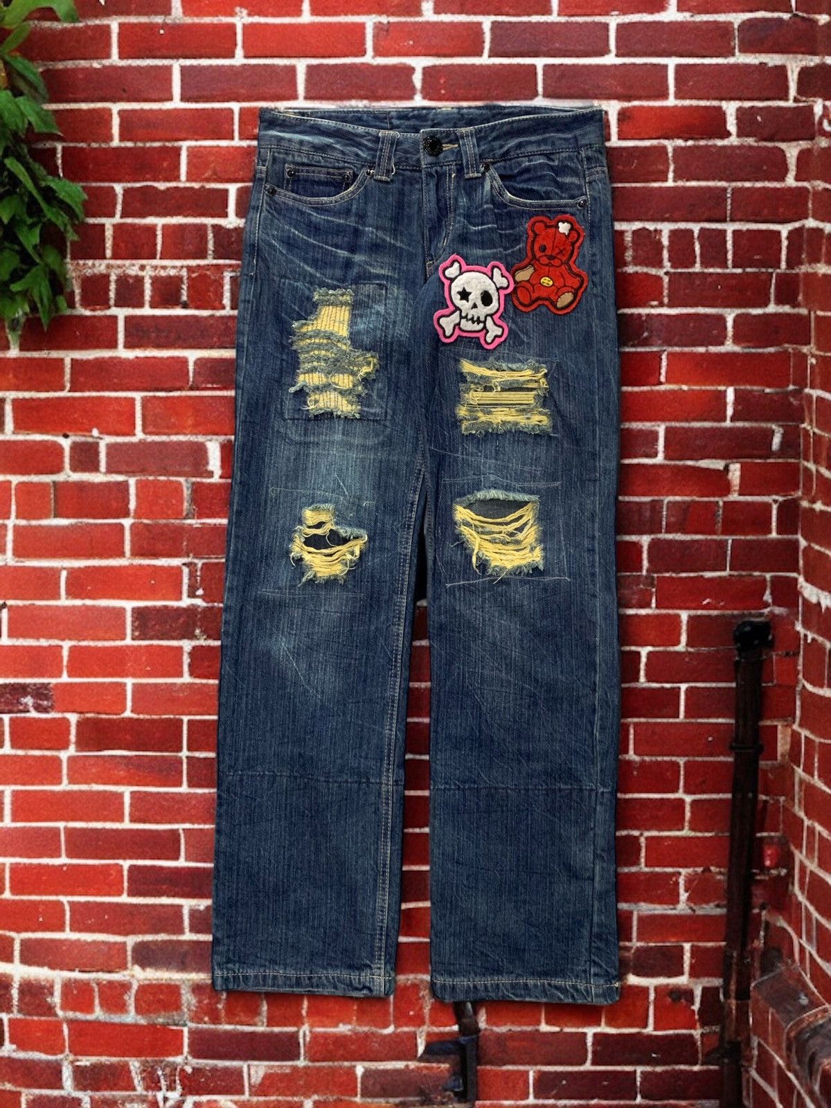 image of Hysteric Glamour Back & Forth Japan Boro Patched Cyber Grunge Denim Pants in Blue Wash (Size 30)