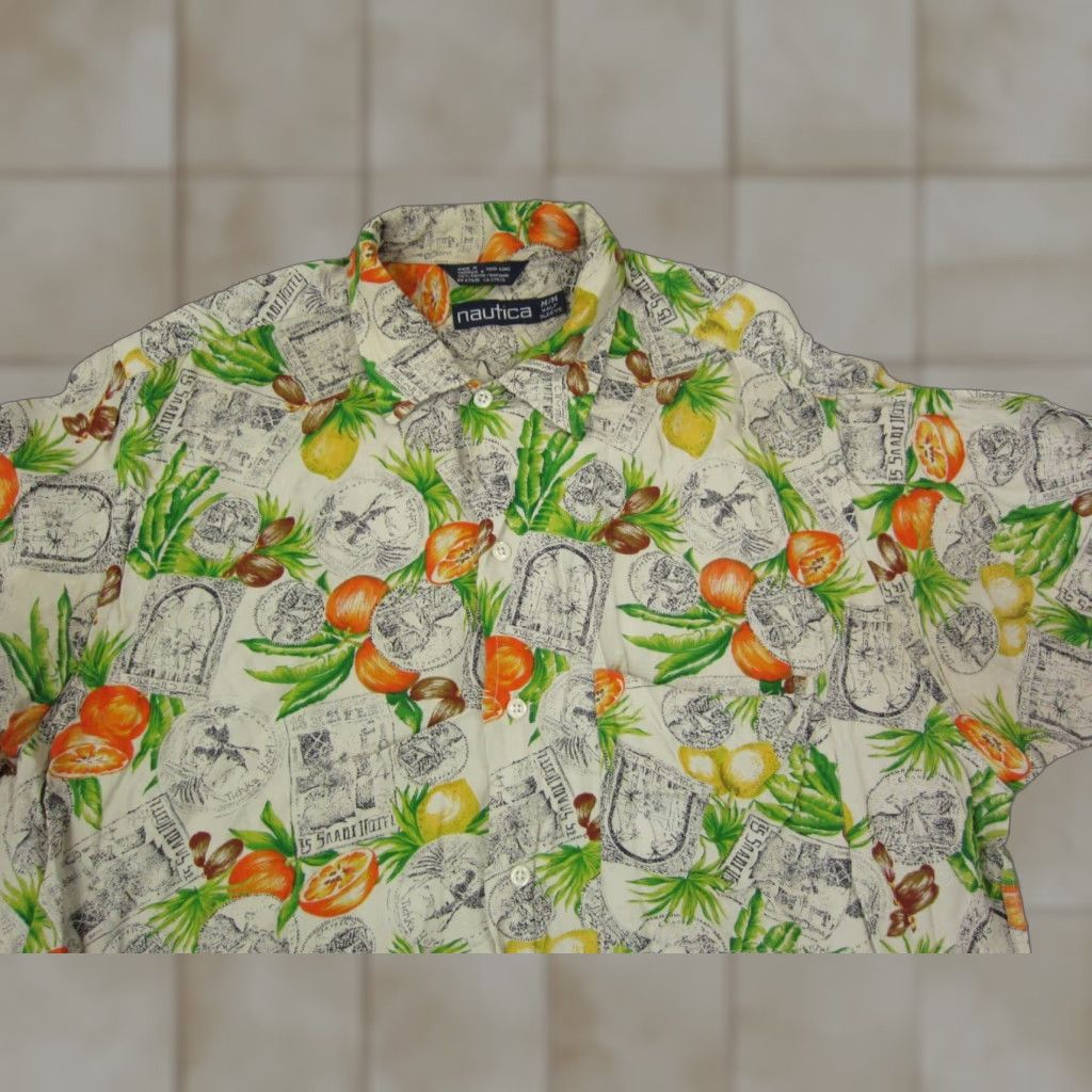 Nautica VINTAGE Nautica Shirt Adult Medium Cream Green 90s Hawaiian Lemons Camp Mens Size US M / EU 48-50 / 2 - 1 Thumbnail