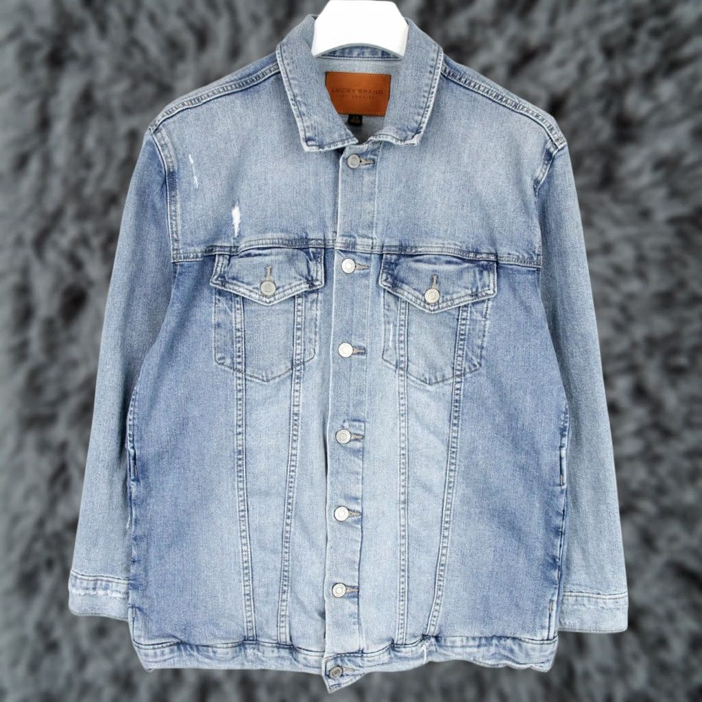 Lucky Brand LUCKY BRAND Jacket Denim Trucker Distress Button Up Polo Neck Men's LARGE Blue Jacket Size US L / EU 52-54 / 3 - 1 Thumbnail