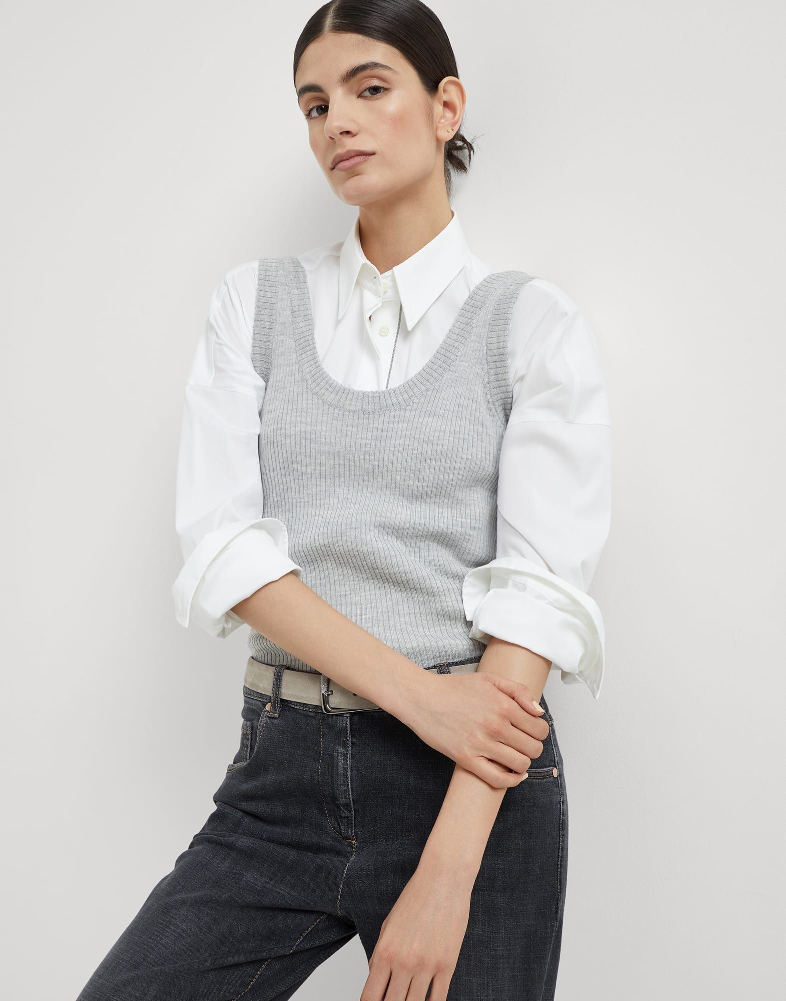 Brunello Cucinelli o1la1rc1a0326 Virgin Wool Cashmere Rib Knit Top in Grey Size L / US 10 / IT 46 - 5 Thumbnail