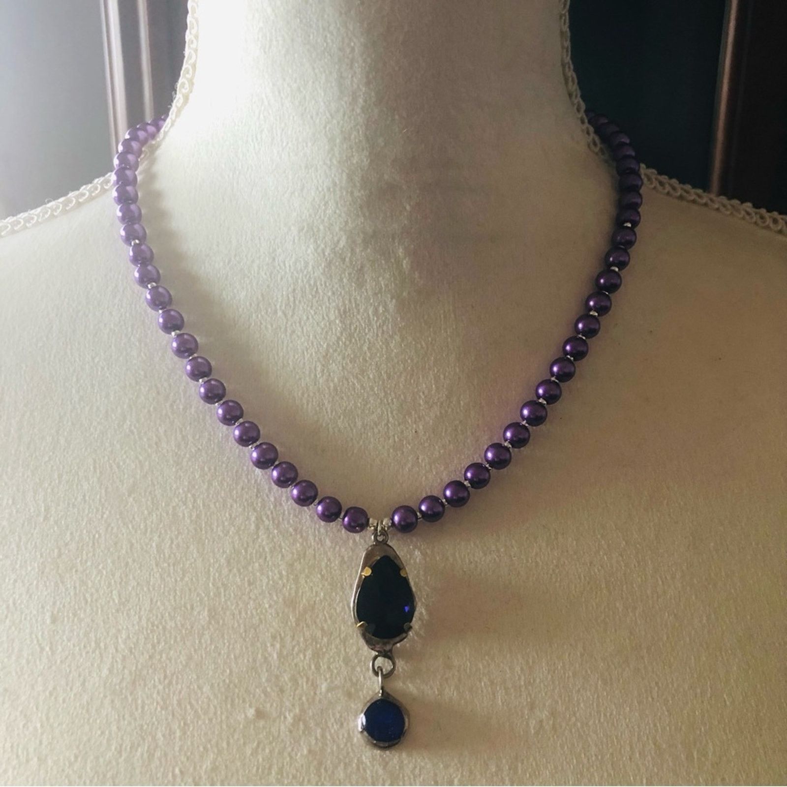 Handmade Handcrafted repurpose faceted stone pendant Pearl necklace Size ONE SIZE - 2 Thumbnail