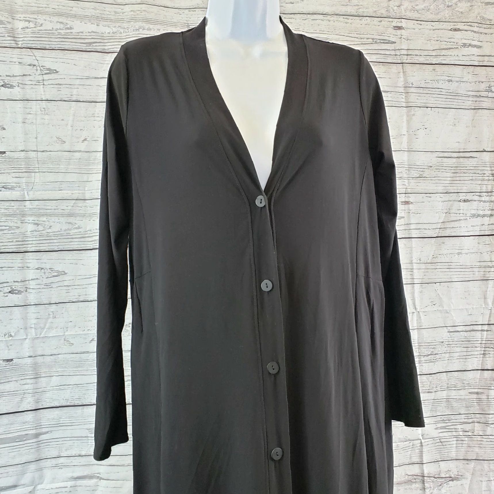 Vintage Fenini Womens Dress Sz Small Solid Black Long Sleeve Button Front V-Neck Size S / US 4 / IT 40 - 2 Thumbnail