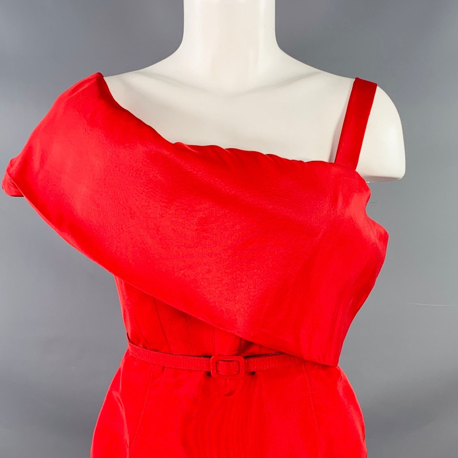 Oscar De La Renta Red Silk Taffeta One Shoulder Knee Length Cocktail Dress Size M / US 6-8 / IT 42-44 - 2 Thumbnail