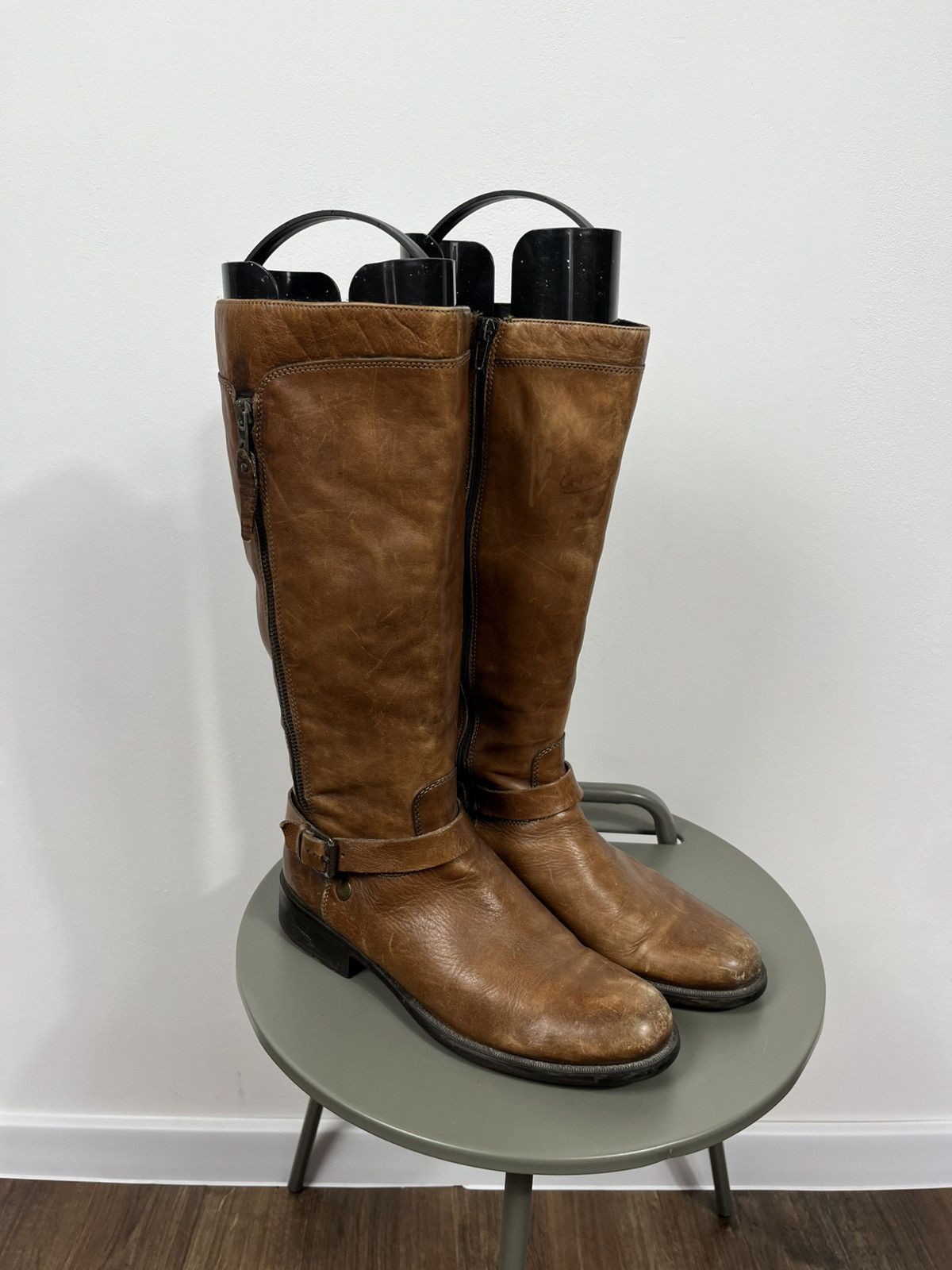 Leather Vintage Brown Leather Knee High Boots Side Zip Buckle EU 41 Size US 10 / IT 40 - 1 Thumbnail
