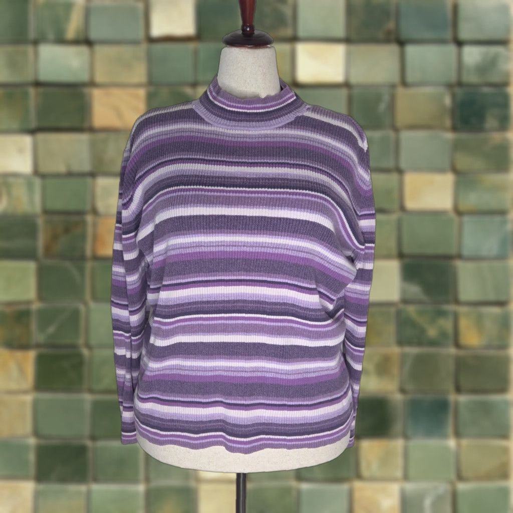 Vintage VINTAGE Purple Striped Sweater Mock Turtle Neck Womens 2X Pullover Knit Cotton Classic Preppy USA Size XXL / US 16-18 / IT 52-54 - 1 Thumbnail