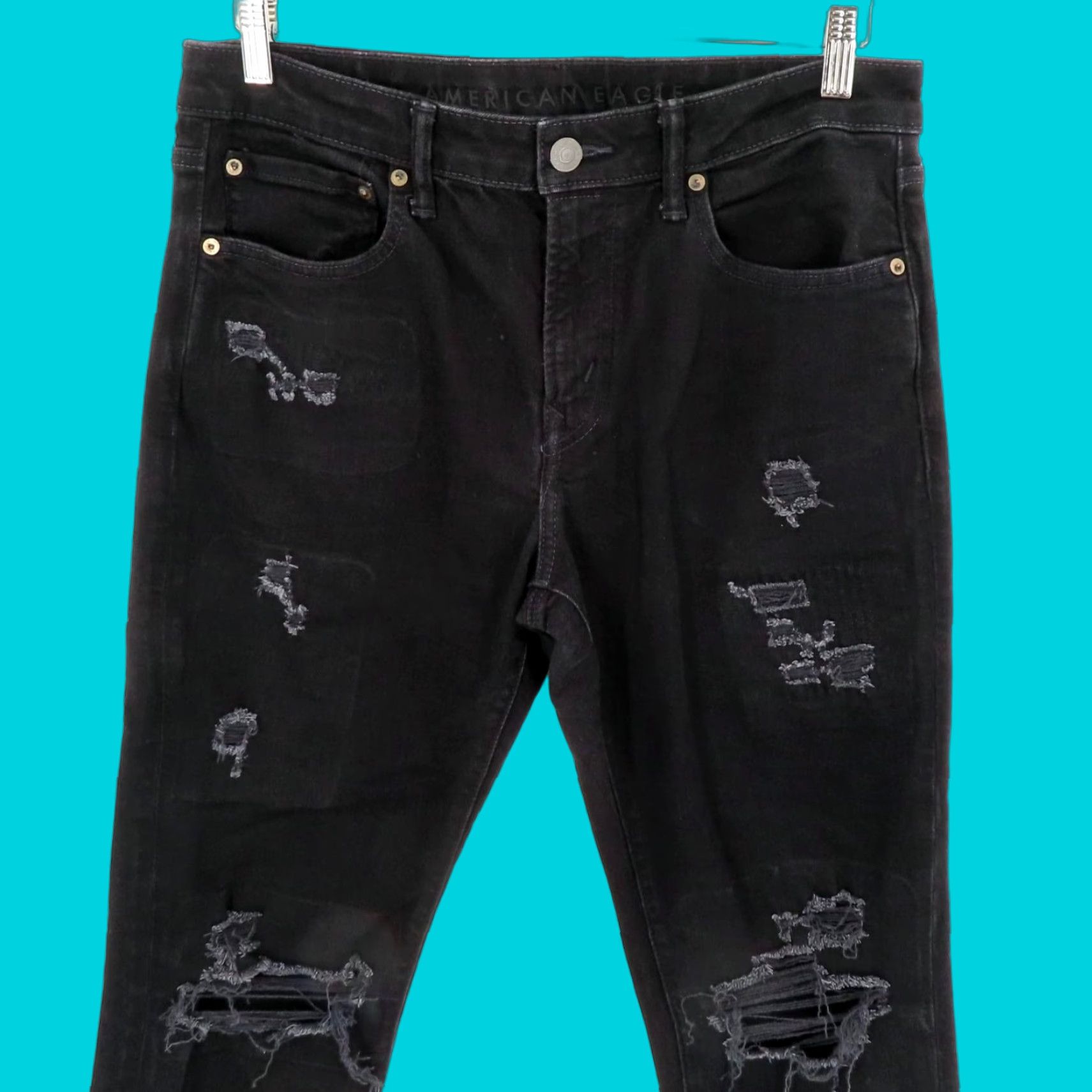 American Eagle Outfitters American Eagle Outfitters Men Jeans 32x34 Athletic Cozy Airflex Distressed Black Denim Straight 5-Pocket Size US 32 / EU 48 - 1 Thumbnail