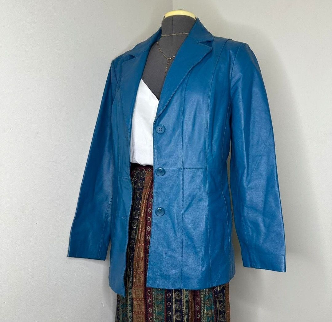 Worthington Women's Blue Genuine Leather Jacket Size L / US 10 / IT 46 - 4 Thumbnail