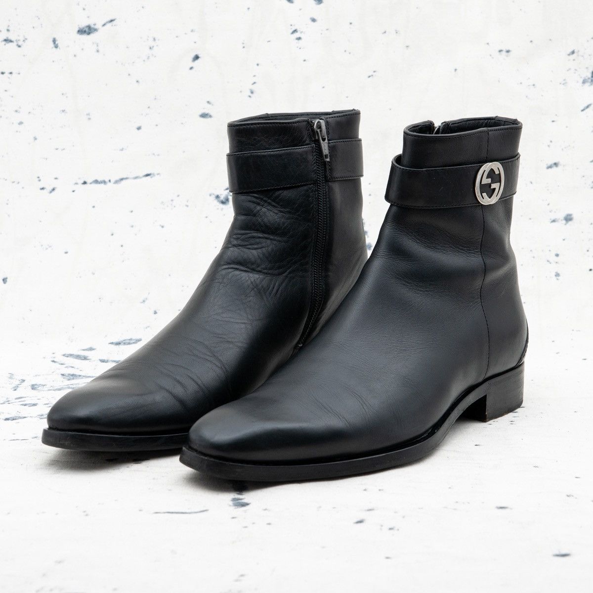 Gucci GG Silver Logo Mens Black Calf Leather Zip Boots Shoes (Size 7.5)