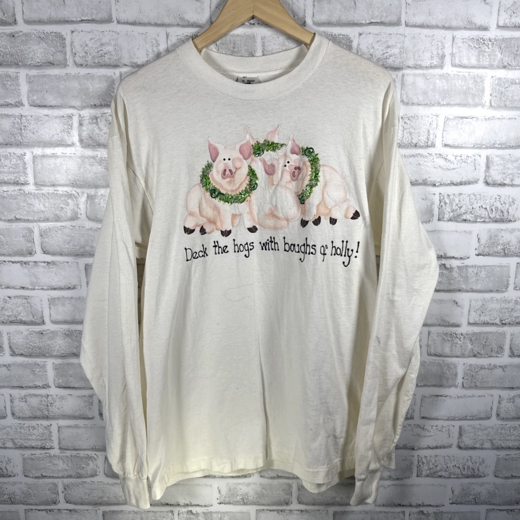 Fruit Of The Loom VINTAGE HOGS PRINT Fruit Of The Loom White Long Sleeve T-Shirt Mens XL USA Size US XL / EU 56 / 4 - 2 Thumbnail