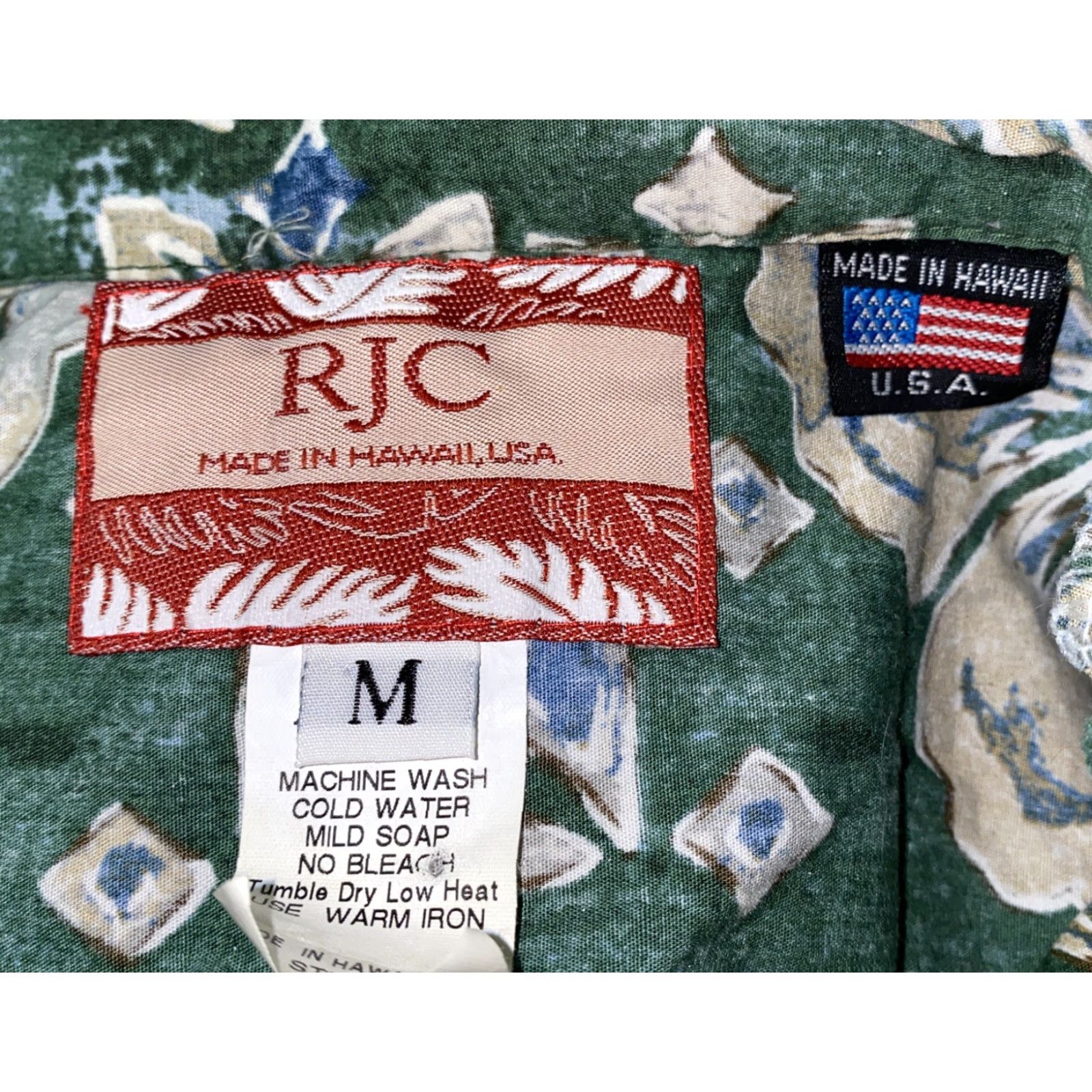 ALOHAS VINTAGE RJC Shirt Men Aloha Hawaiian Green White Floral Button-Up Short Sleeve Size M USA Made Size US M / EU 48-50 / 2 - 6 Thumbnail