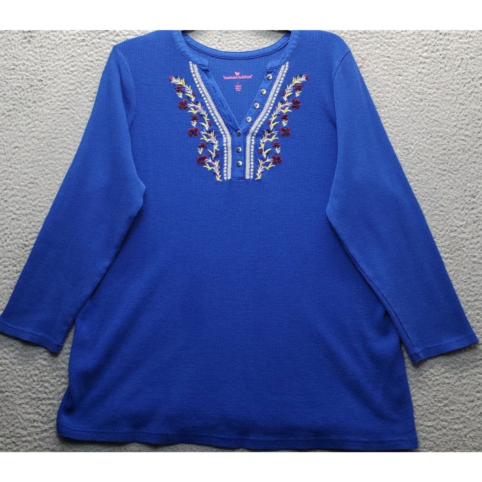 Vintage Woman Within Thermal Henley Shirt Womens L Blue Waffle Knit Beaded Embroidered Size L / US 10 / IT 46 - 2 Thumbnail