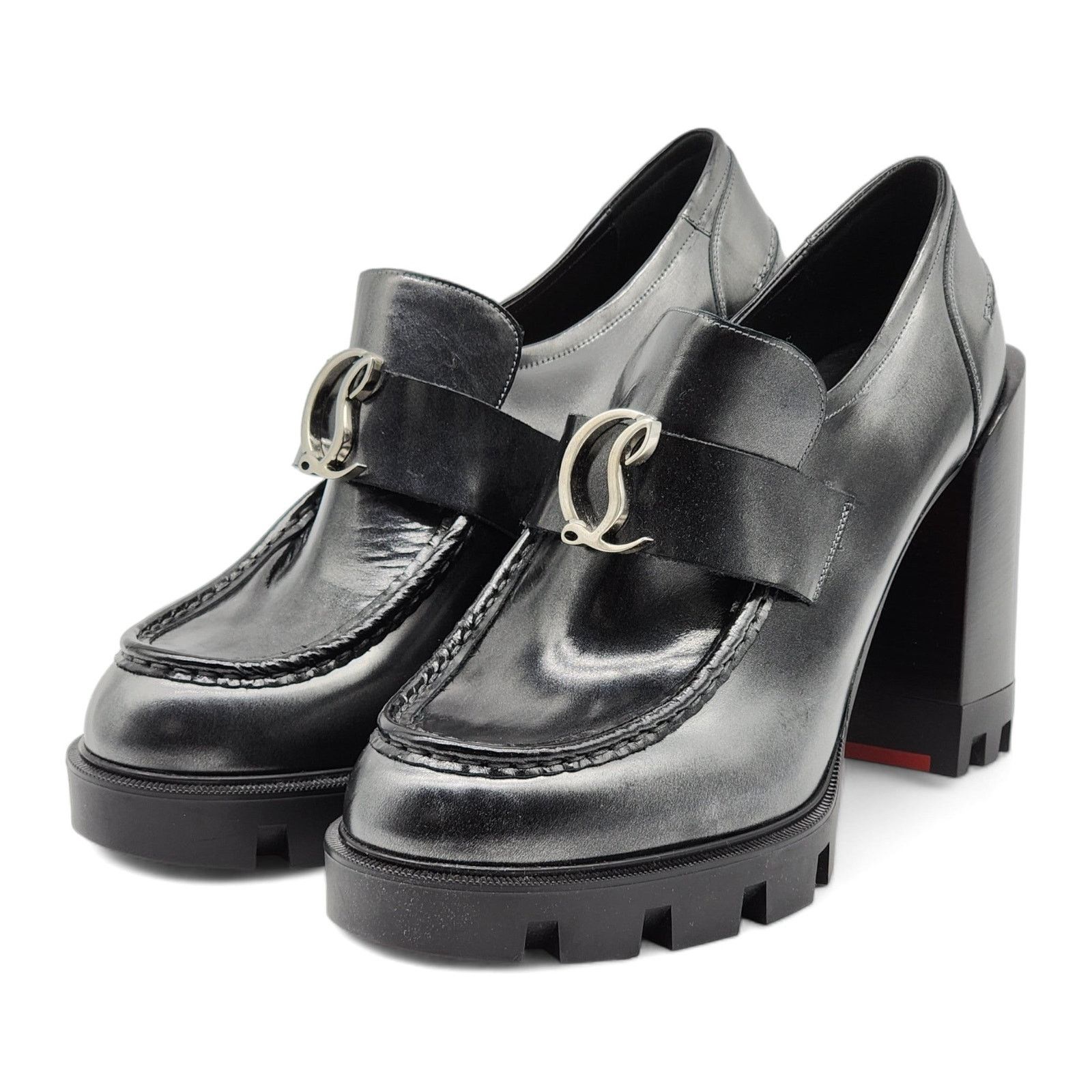 image of Christian Louboutin Cl Moc Lug Alta Leather Heel Shoesed Loafers 100Mm In Black $1195, Women's