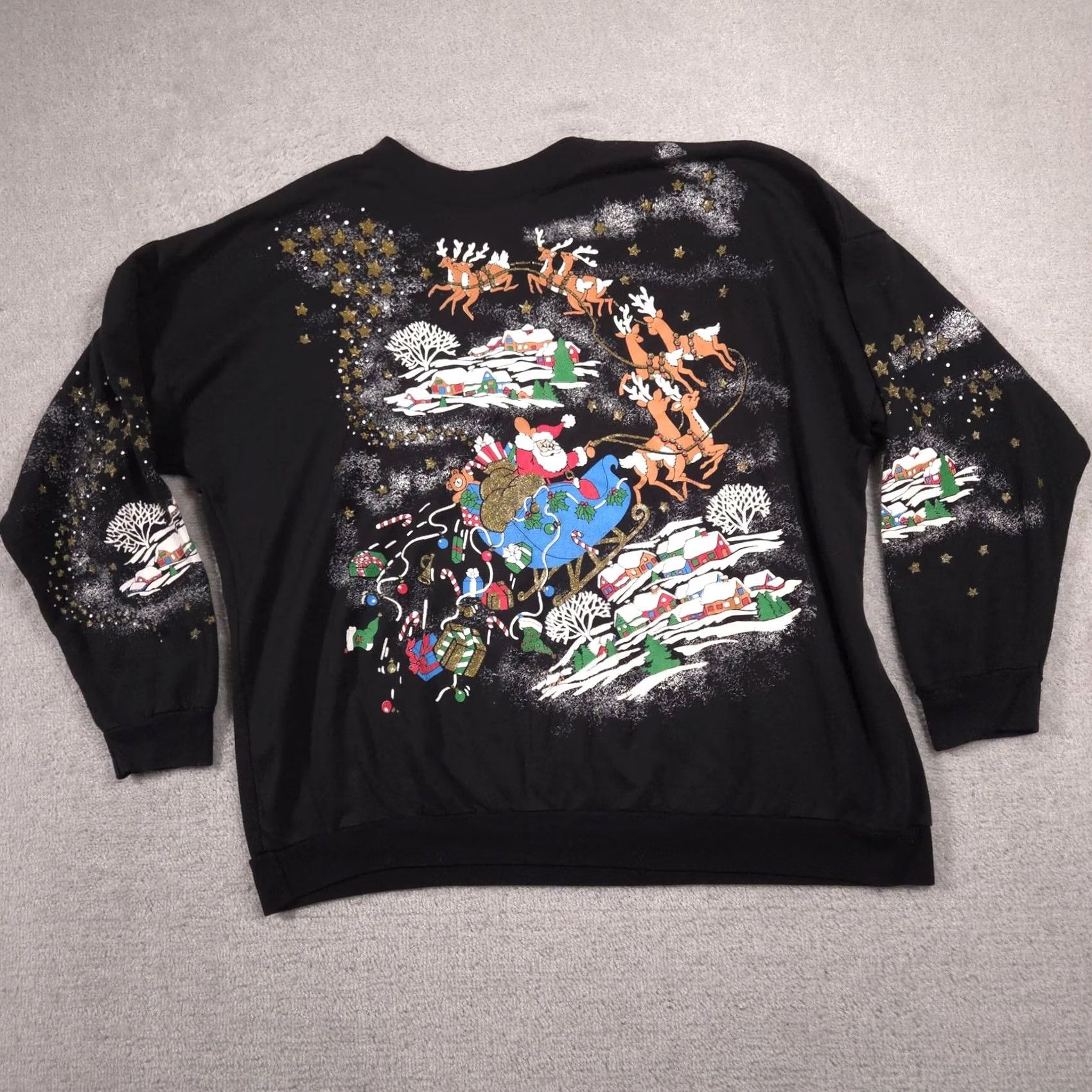Vintage Santa Claus Christmas Sweatshirt Mens XL Black Glitter Graphic Fleece Pullover Size US XL / EU 56 / 4 - 3 Thumbnail