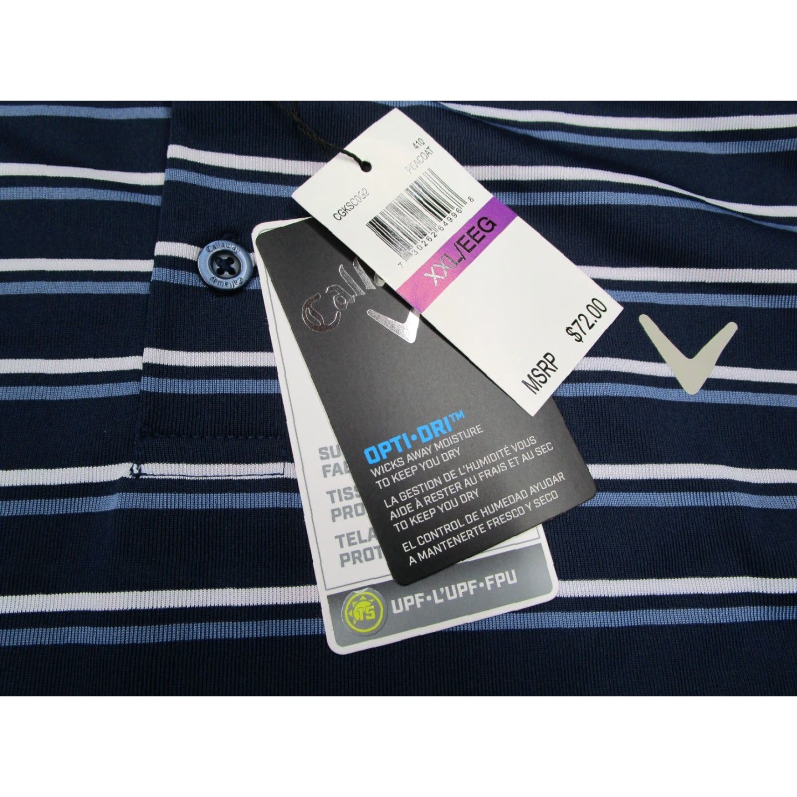 Callaway CALLAWAY Polo Shirt Mens 2XL Blue Striped OPTI-DRI UPF Performance Moisture Wicking Golf Logo SS Short Sleeve Classic 100% Polyester Size US XXL / EU 58 / 5 - 3 Thumbnail