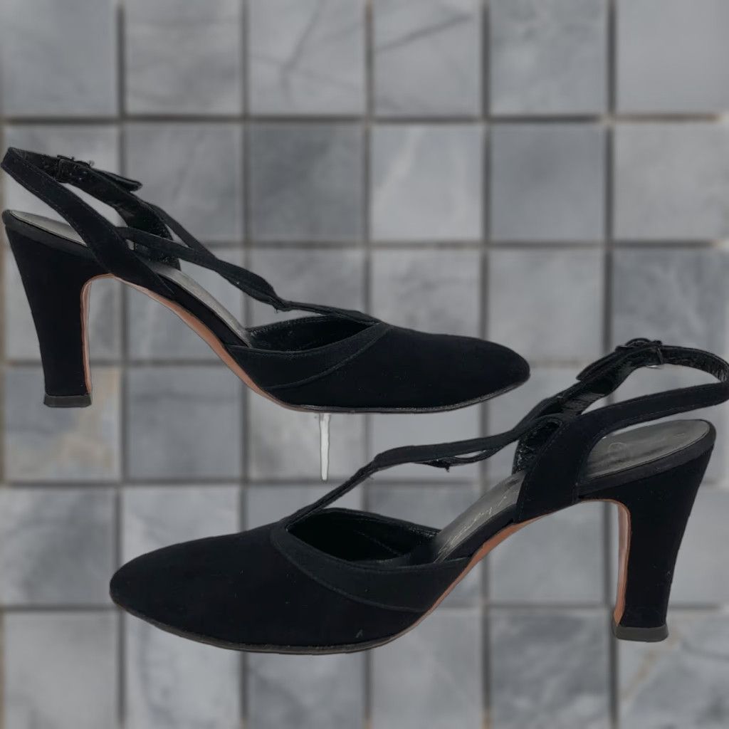 Vintage VINTAGE Stanley Phillipson Womens 7.5 AA Black Suede Slingback Heels Dress Shoes Size M / US 6-8 / IT 42-44 - 1 Thumbnail