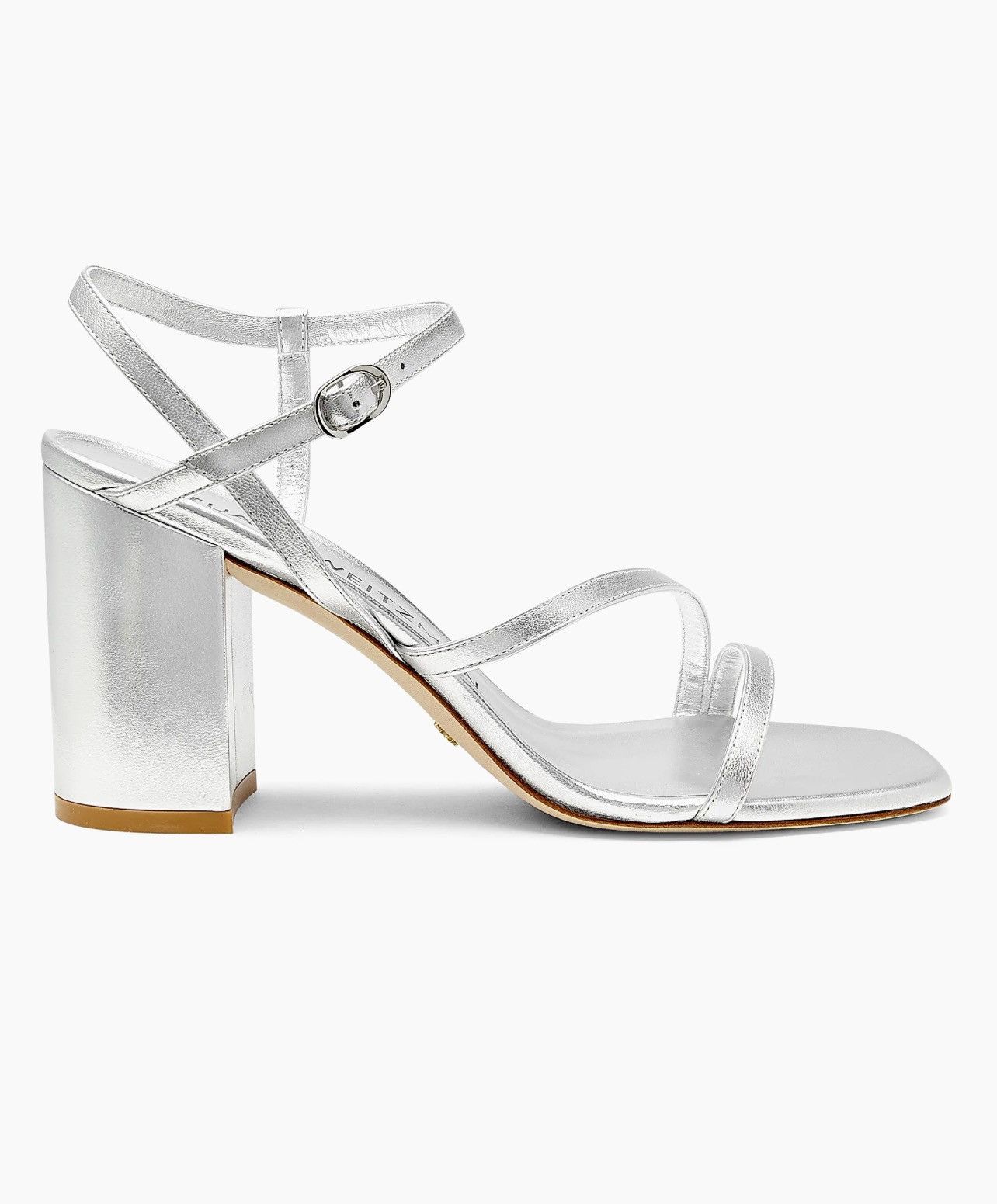 Stuart Weitzman Metallic Leather Block-Heel Shoes Sandals Size 6.5 in Silver, Women's