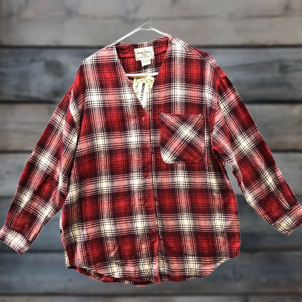 Vintage Rosettes Flannel Shirt Womens L Red Buffalo Plaid V-neck Button Down Boho Shirt Size L / US 10 / IT 46 - 1 Thumbnail