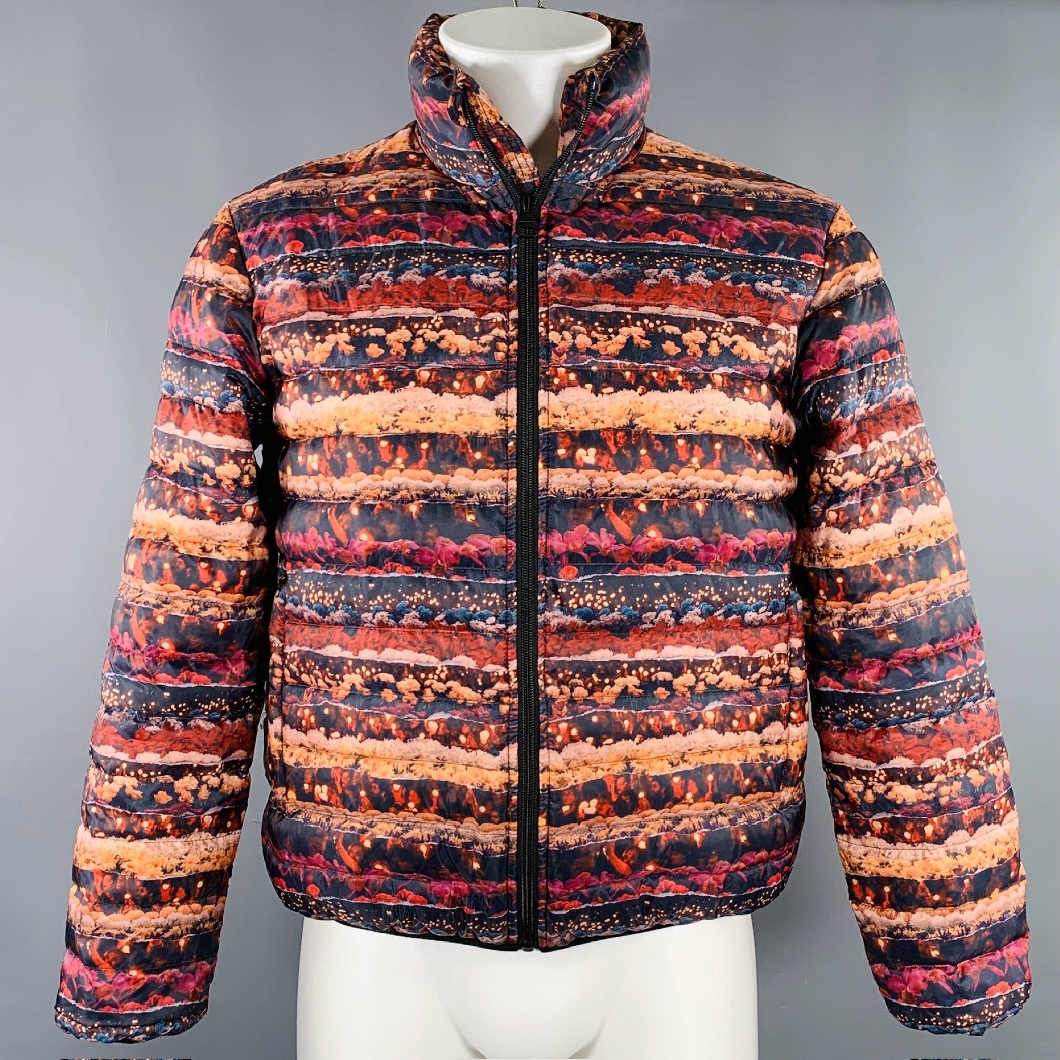Red Orange Floral Polyester Quilted Jacket - Outerwear