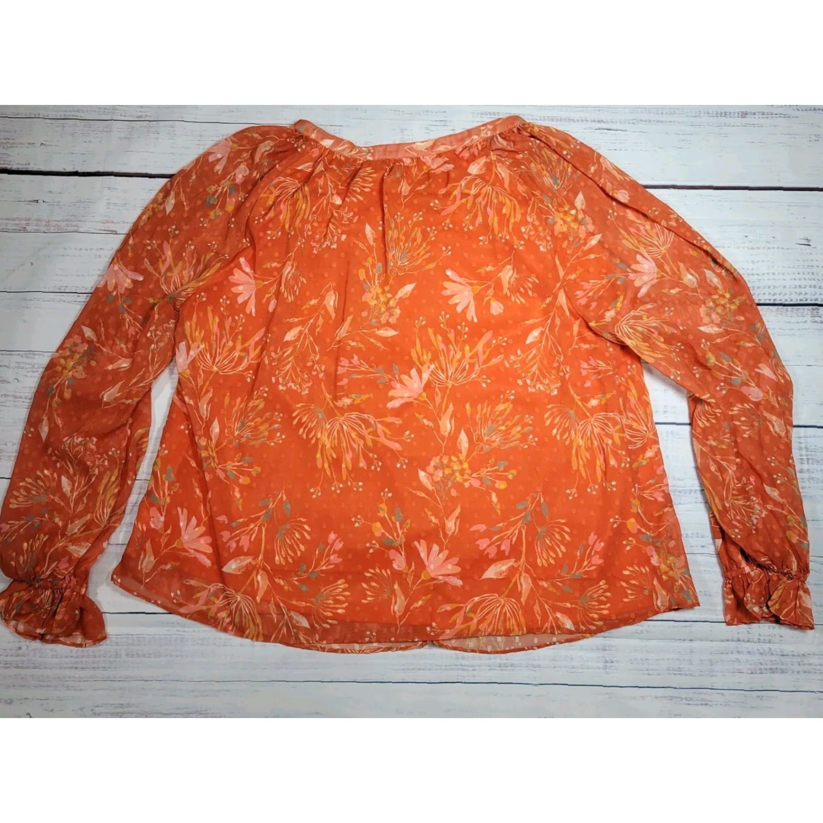 Vintage AURA Women Blouse Shirt L Orange Floral PUFF SLEEVE Balloon Sleeve Boho Satin 1 Top Size L Adults Women Size L / US 10 / IT 46 - 6 Thumbnail