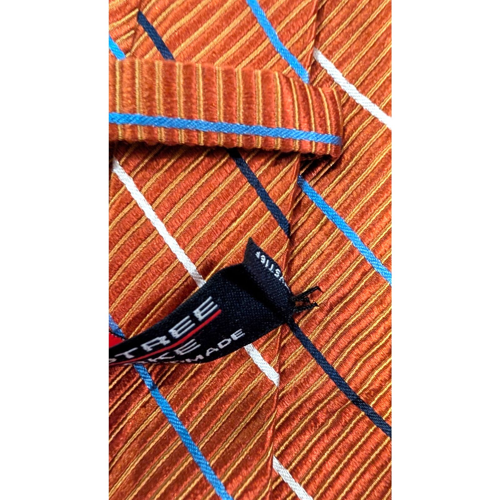 Roundtree & Yorke Roundtree Yorke Tie Orange Cream Black Blue Stripes Silk Tie Size ONE SIZE - 4 Thumbnail