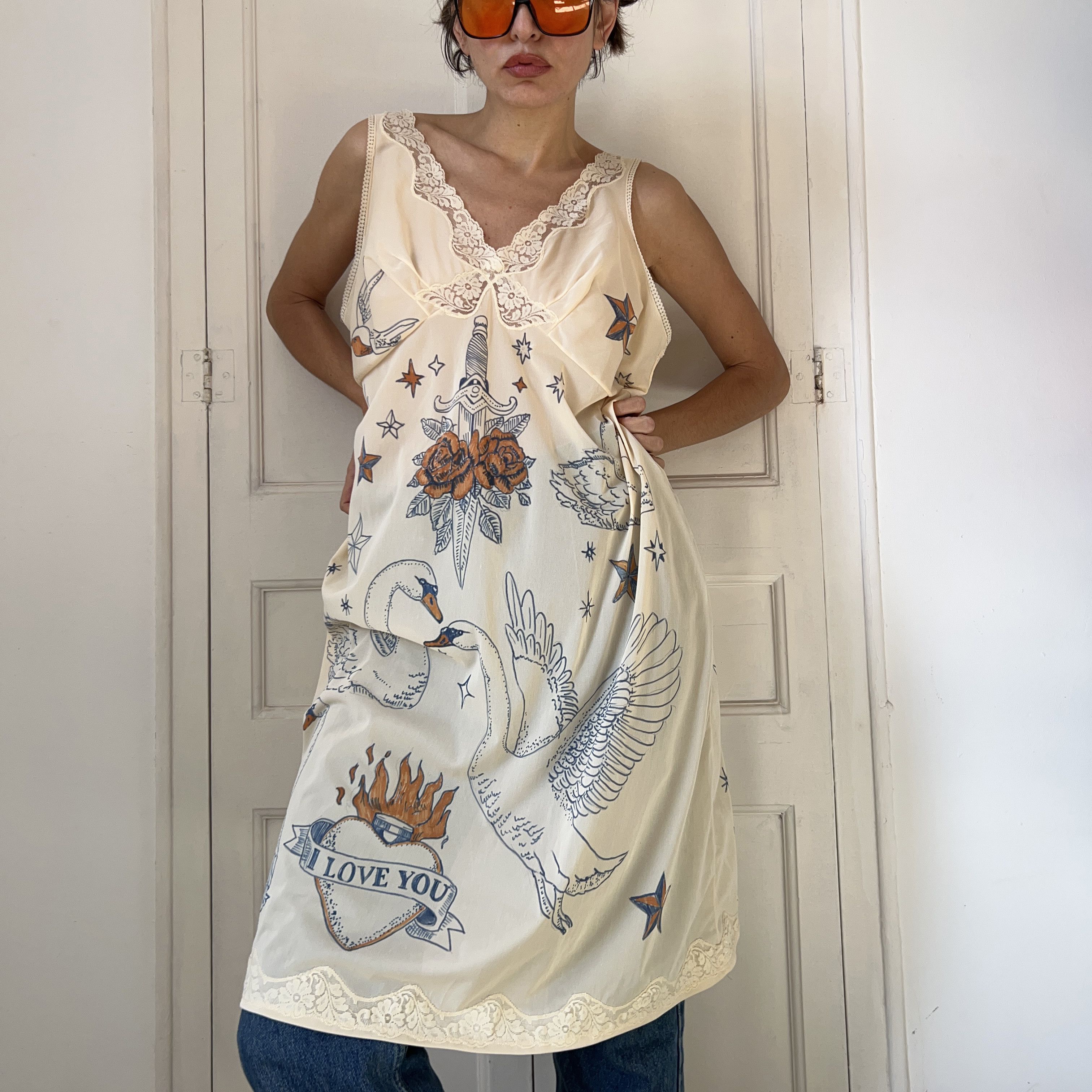 Custommade Hand-Painted Tattoo Swan Slip Dress Size L / US 10 / IT 46 - 3 Thumbnail