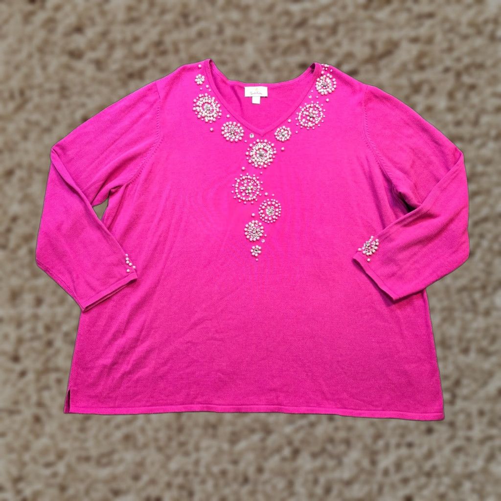 Quacker Factory VINTAGE Quacker Factory Sweater Women 3X Pink Beaded Pearl Knit Rhinestones Casual Size XXL / US 16-18 / IT 52-54 - 1 Thumbnail