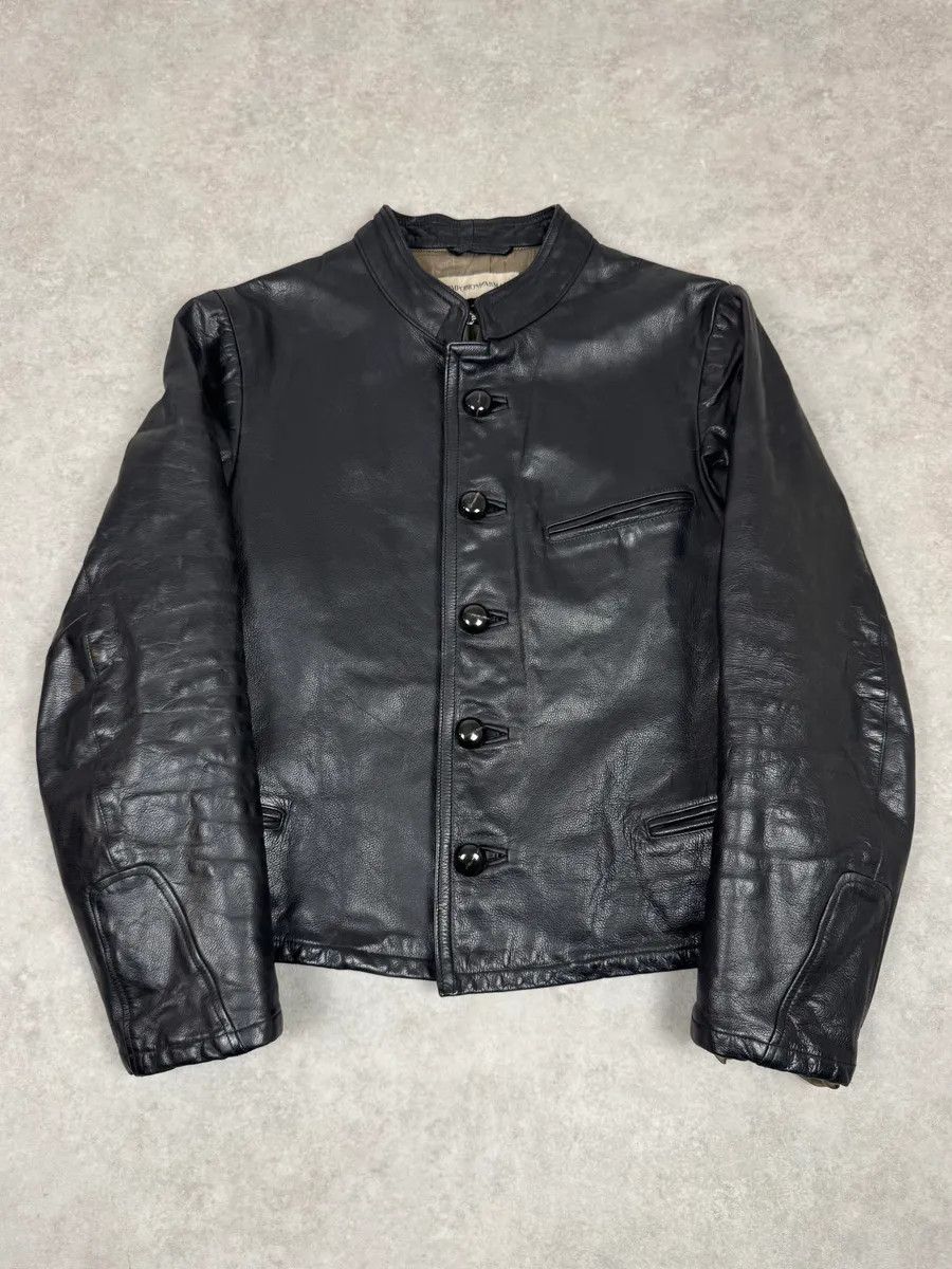 1990s Emporio Armani Mao Black Grain Leather Buttoned Jacket