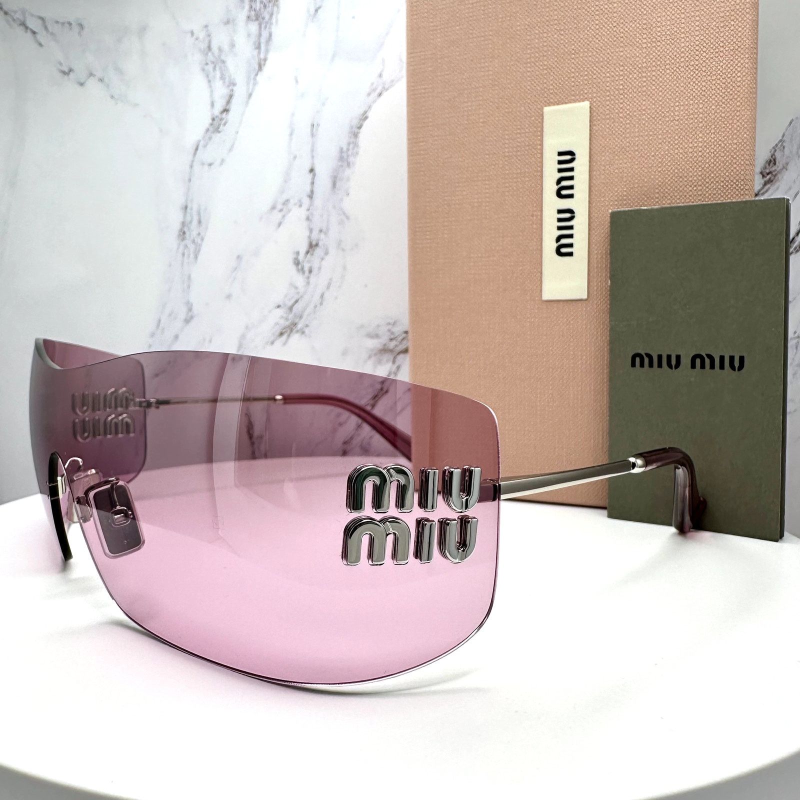 Miu Miu New MIU MIU Sunglasses Silver Pink Mirror Rimless Wrap Size ONE SIZE - 16 Thumbnail